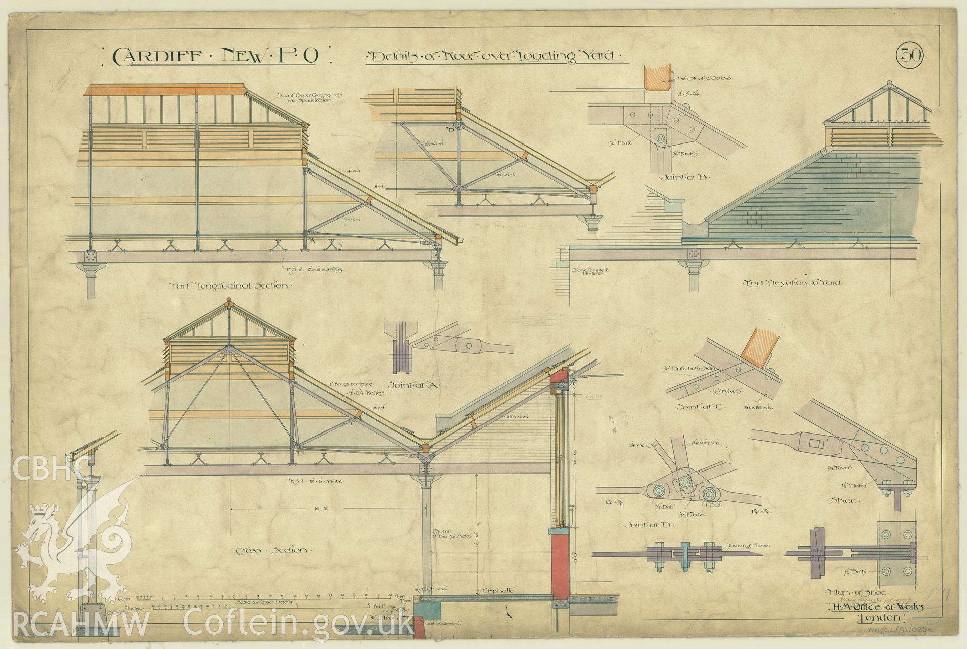 Cardiff Head Post Office, Westgate Street; original ink on fabric drawing produced by Henry Tanner of H.M. Office of Works, showing details of roof over loading yard at Cardiff New P.O., dated October 1893.