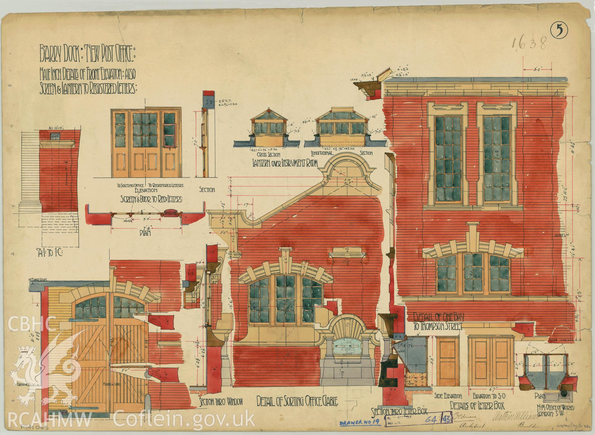 Post Office, Thompson Street, Barry Dock; measured drawing showing detail of front elevation produced by  H.M. Office of Works, undated.