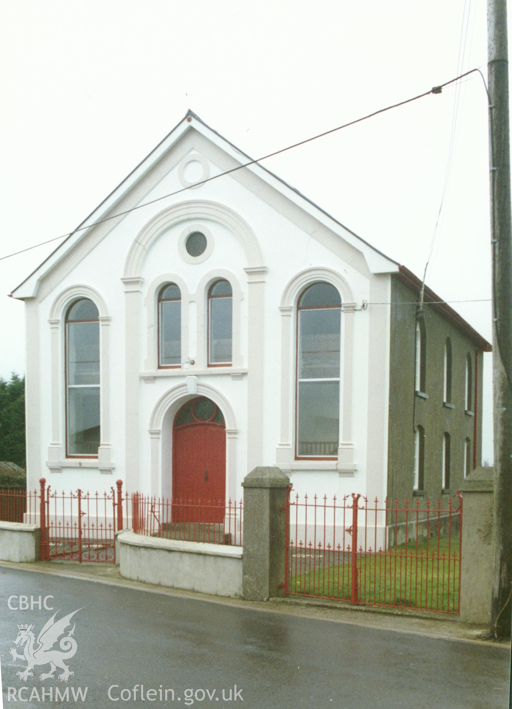 Digital copy of a colour photograph showing an exterior view of Bethlehem Welsh Independent Chapel, Dihewyd, taken by Robert Scourfield, c.1996.