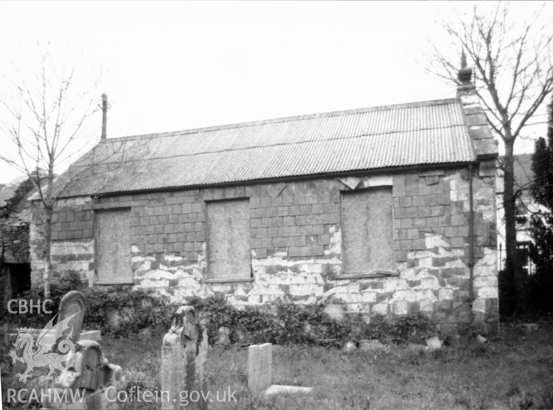 Digital copy of a black and white photograph showing an exterior view of Machpelah Baptist Chapel, Haverfordwest, taken by Robert Scourfield, 1996.