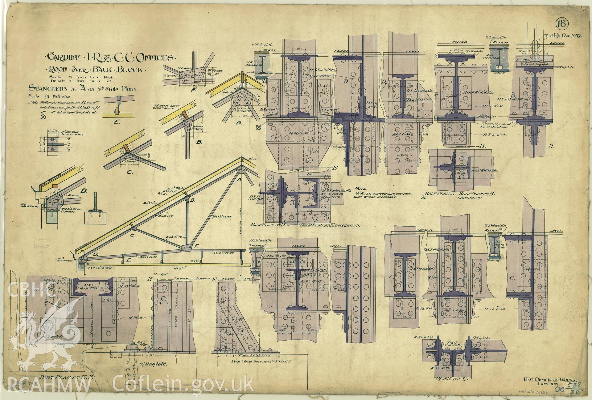Cardiff Inland Revenue and County Court Offices; measured drawing showing detail of stancheon in room over back block, produced by H.M. Office of Works,  undated.
