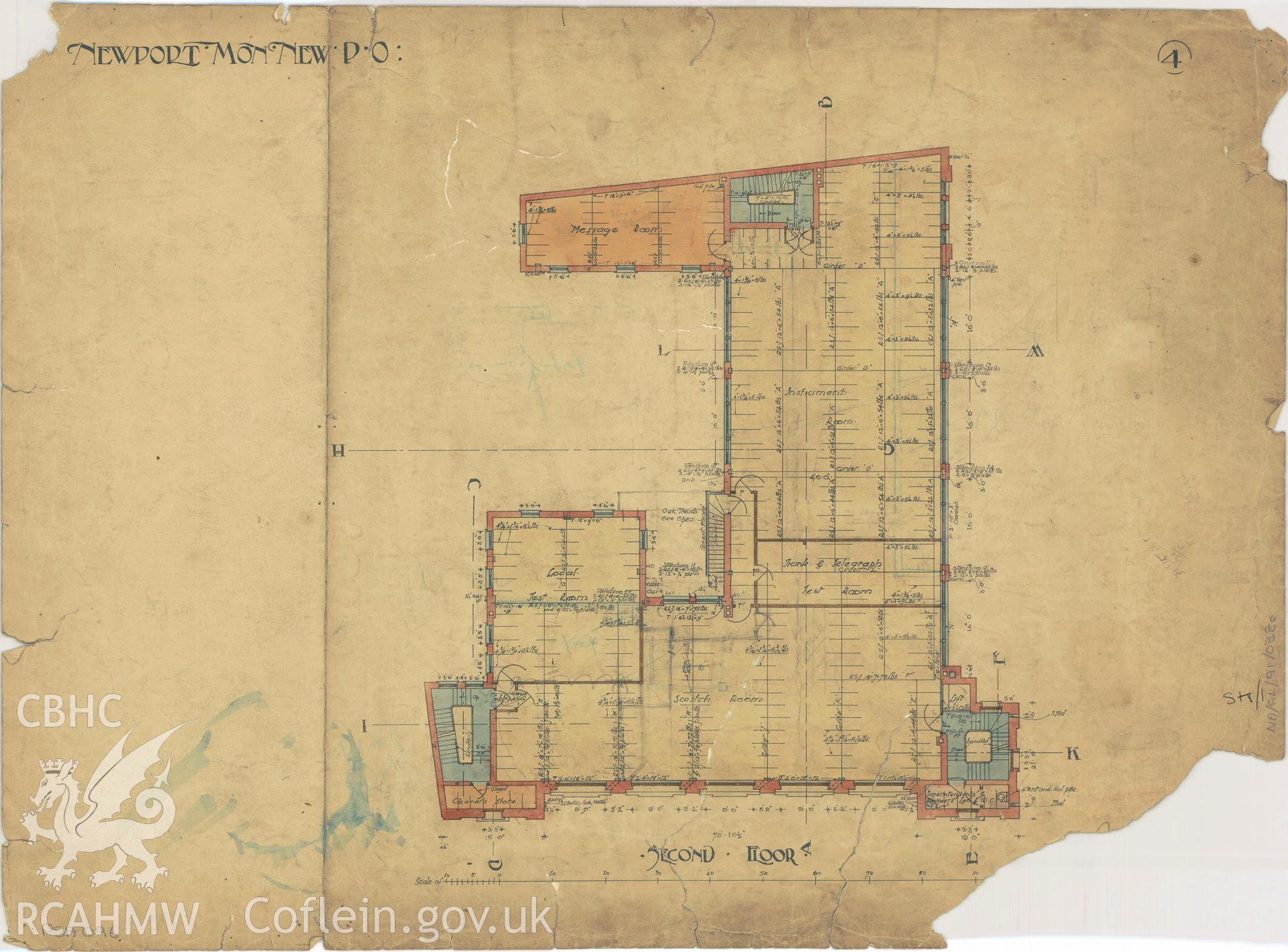 Head Post Office, High Street, Newport;  measured drawing showing second floor plan, produced by H.M. Office of Works, c.1905