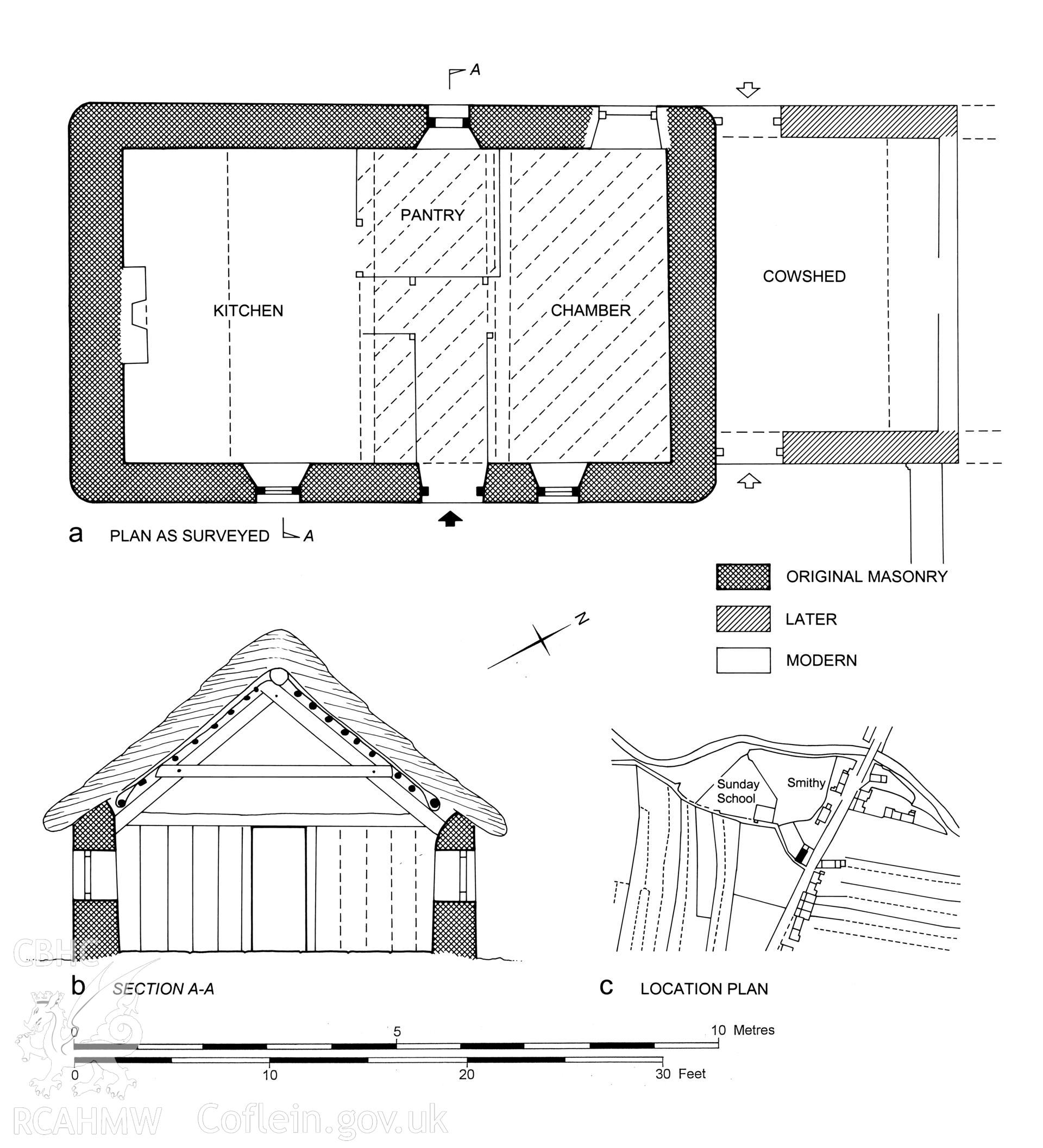 Maesllyn Cottage, Llanon; measured drawing comprising plan, section view and location plan produced by C.W. Green, RCAHMW, 2008.