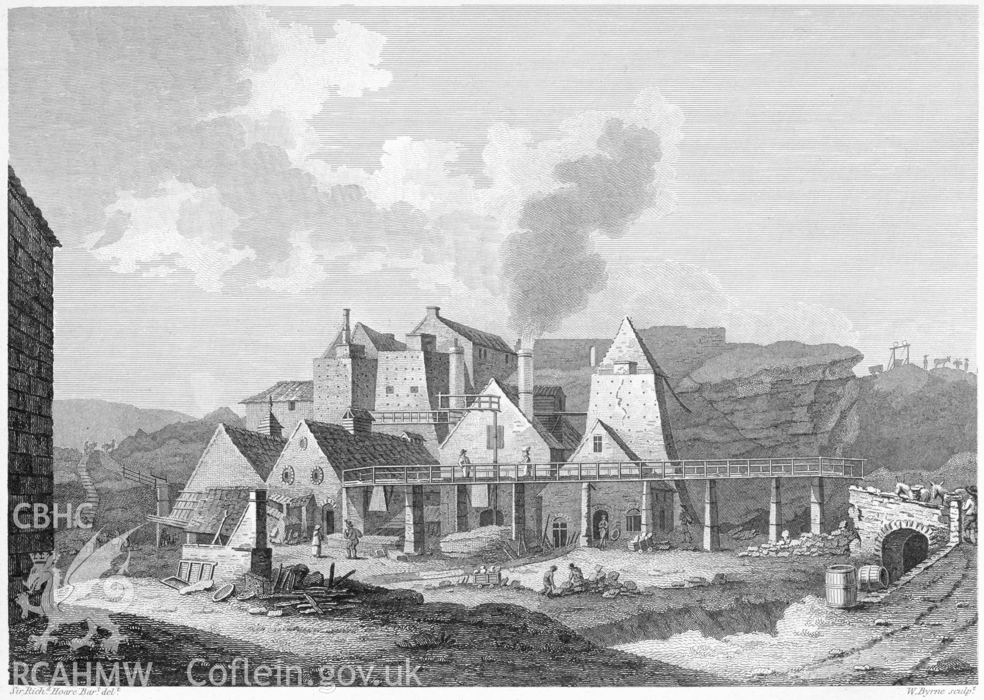 Digitized copy of an engraving of a view by Sir Richard Colt Hoare showing Blaenavon Ironworks, as published in Coxe's Historical Tour in Monmouthshire  volume II 1801