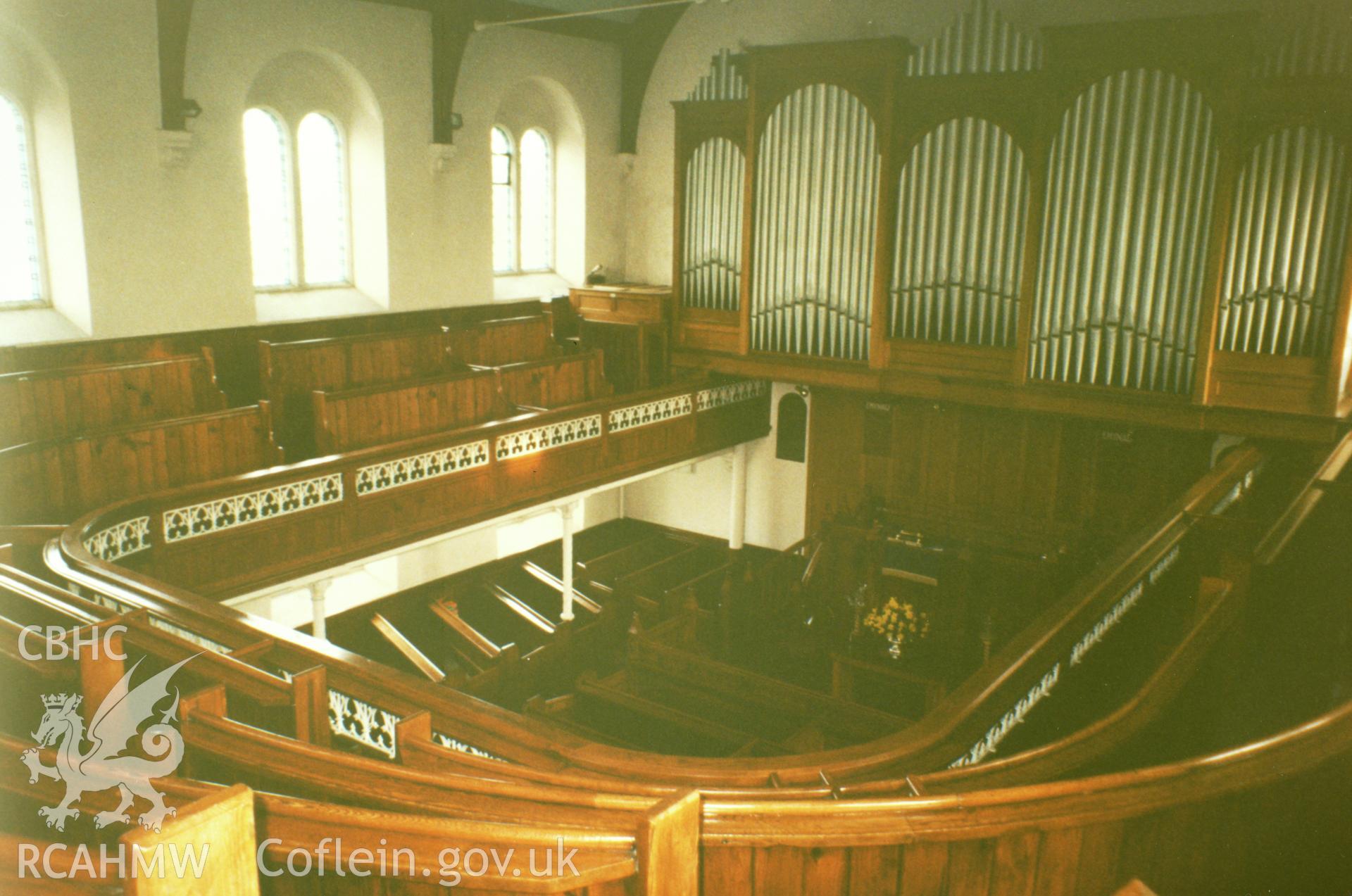 Digital copy of a colour photograph showing an interior view of the Priory Street Welsh Independent Chapel, Carmarthen, taken by Robert Scourfield, c.1996.