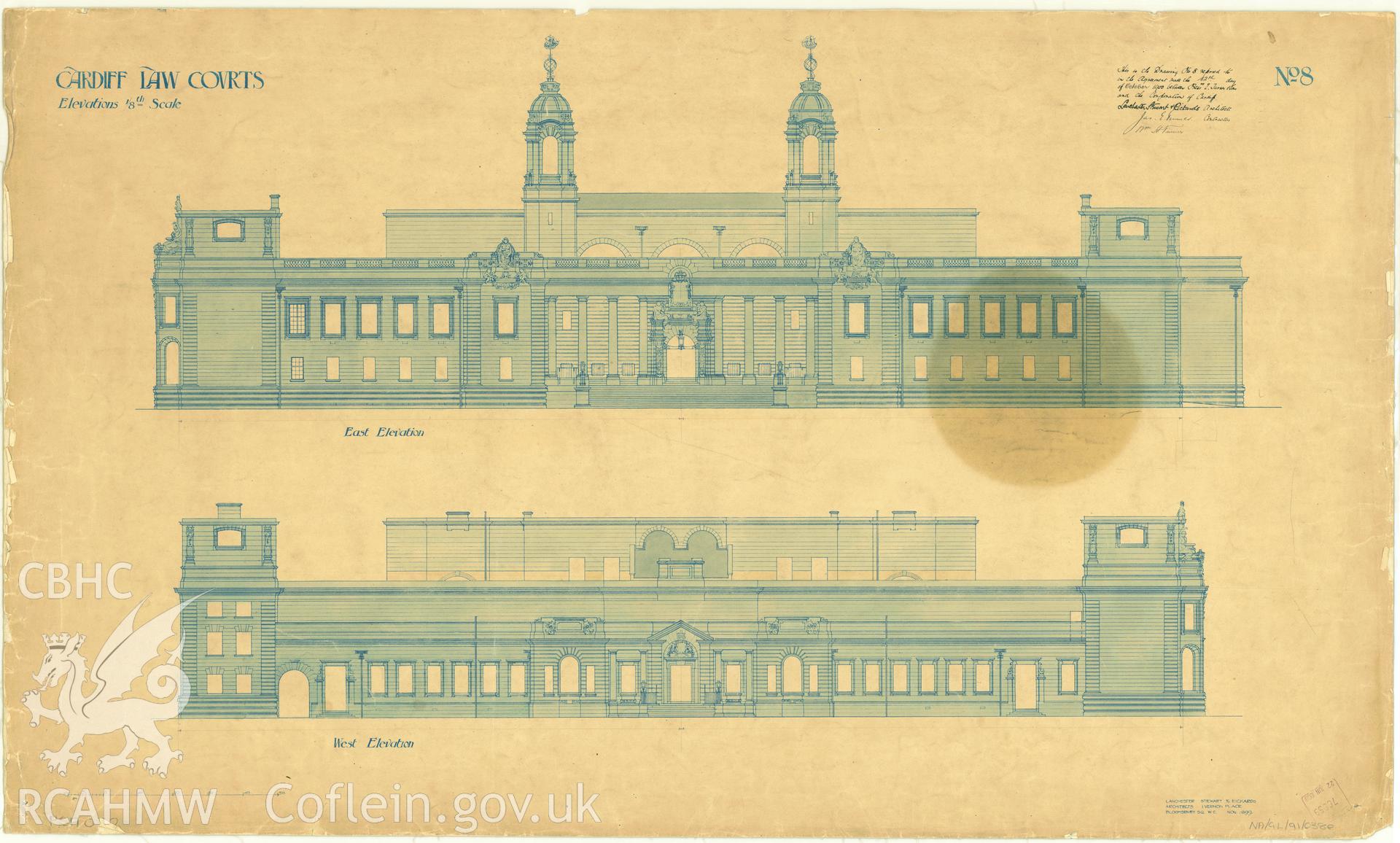 Law Court, Cathays Park, Cardiff; measured drawing showing east and west elevation views, produced by Lanchester Stewart and Rickards, 1899.