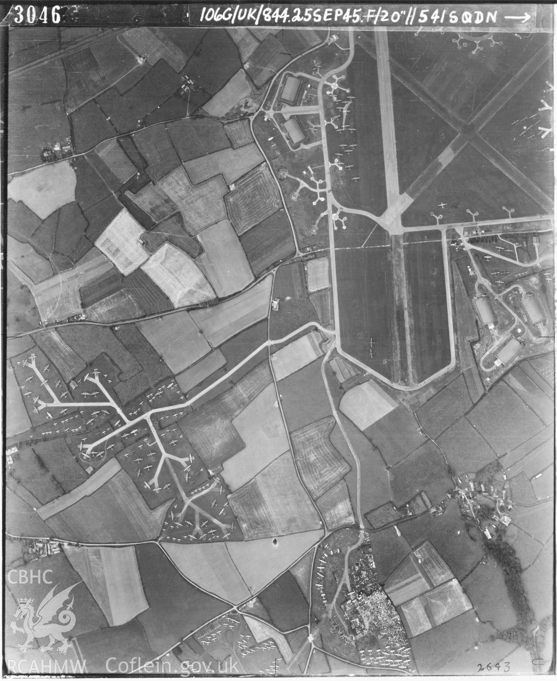 Black and white vertical aerial photograph taken by the RAF on 25/09/1945 centred on SS96627105 at a scale of 1:10000. The photograph includes part of Llandow community in The Vale of Glamorgan.