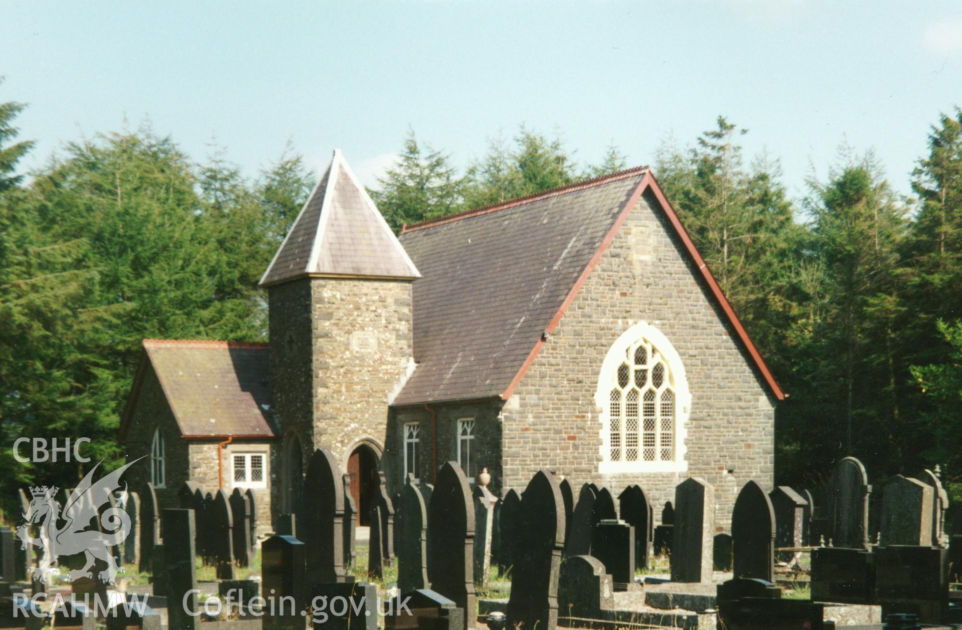 Digital copy of a colour photograph showing an exterior view of Bwlchyfadfa Unitarian Chapel, taken by Robert Scourfield, c.1996.