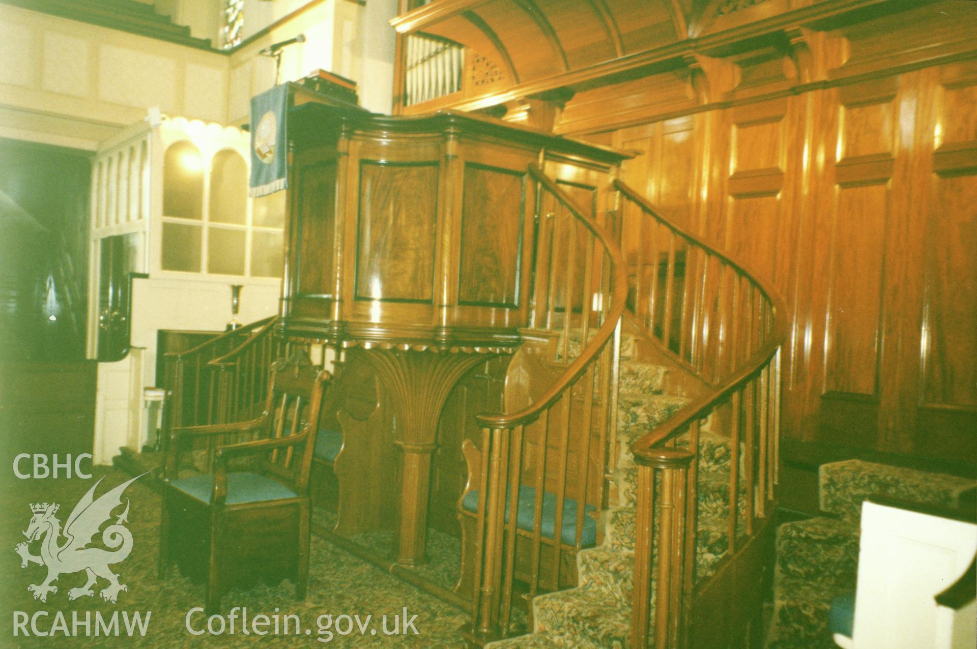 Digital copy of a colour photograph showing an interior view of the Capel Heol-y-dwr, Carmarthen, taken by Robert Scourfield, c.1996.