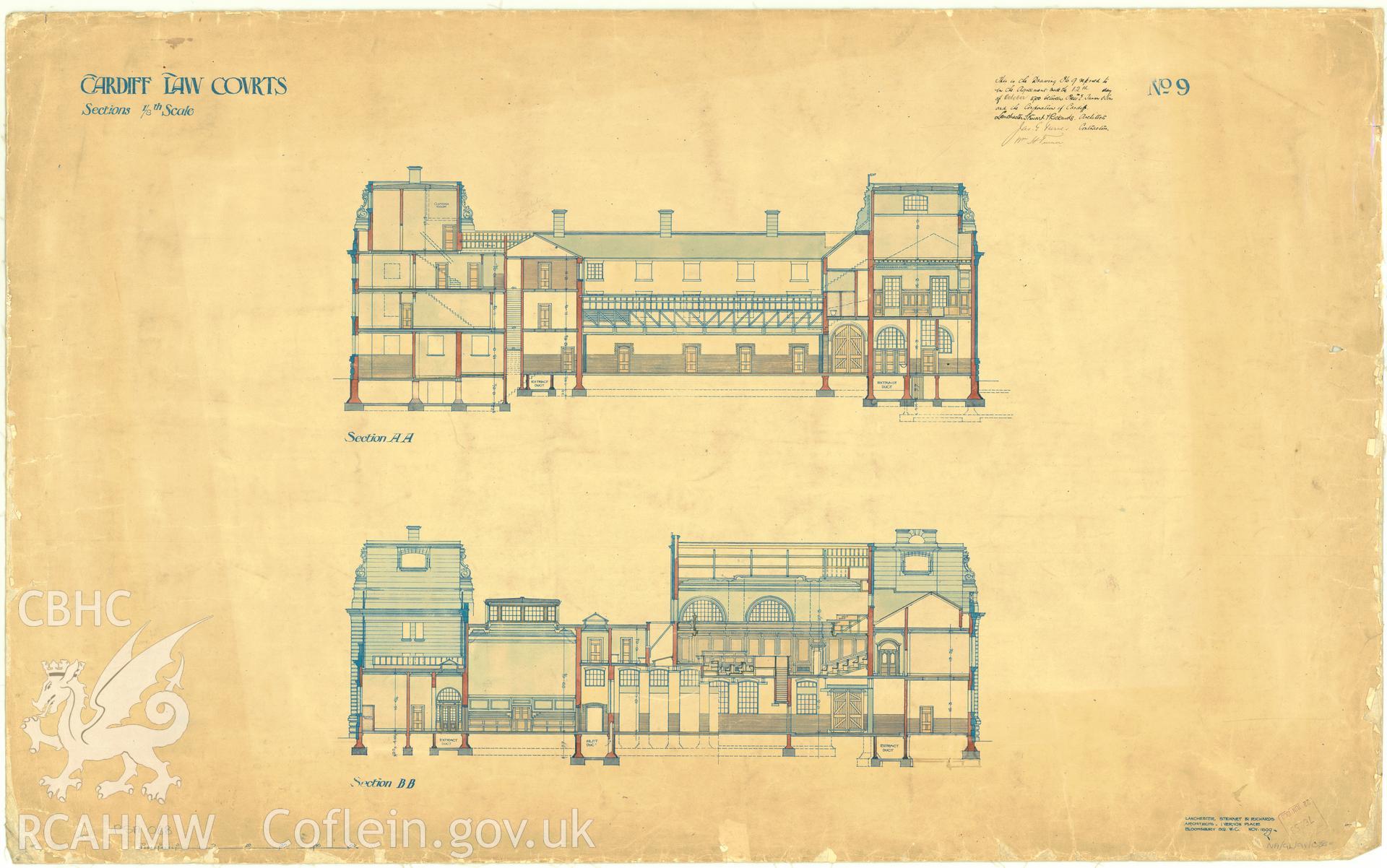 Law Court, Cathays Park, Cardiff; measured drawing showing section views, produced by Lanchester Stewart and Rickards, 1899.