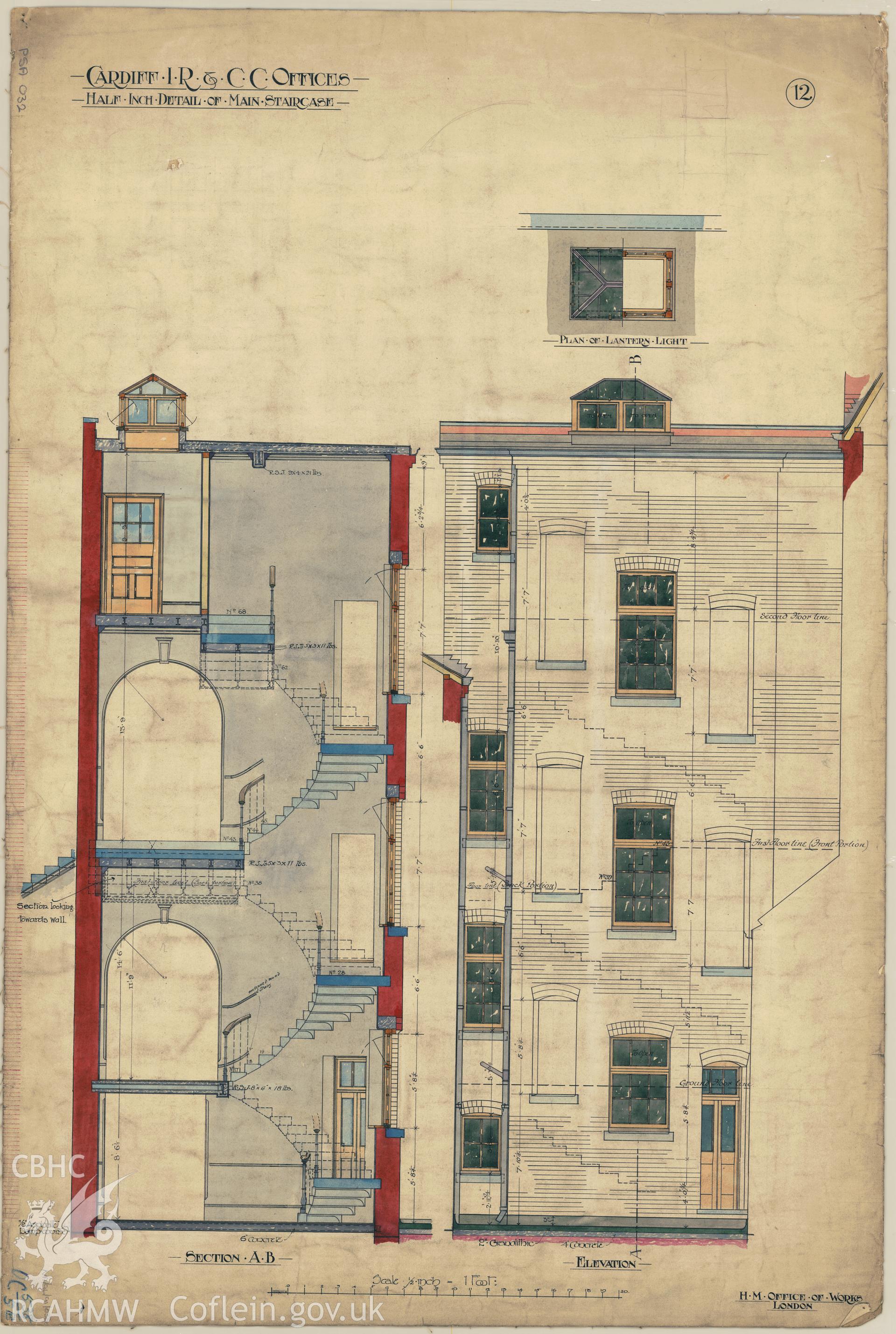 Cardiff Inland Revenue and County Court Offices; measured drawing showing detail of main staircase, produced by H.M. Office of Works,  undated.