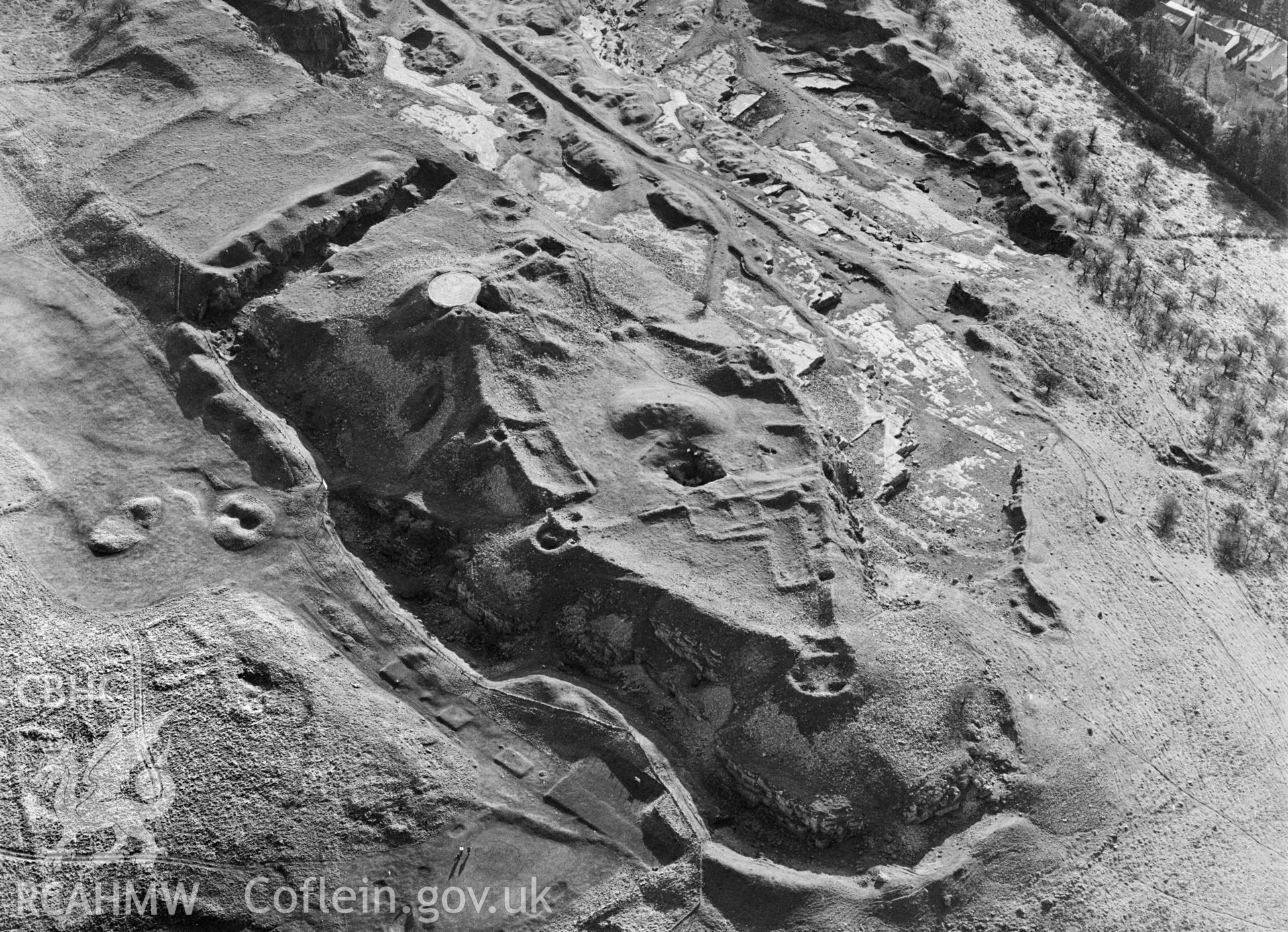 RCAHMW Black and white oblique aerial photograph of Morlais Castle, Merthyr Tydfil, taken on 31/01/1992 by CR Musson