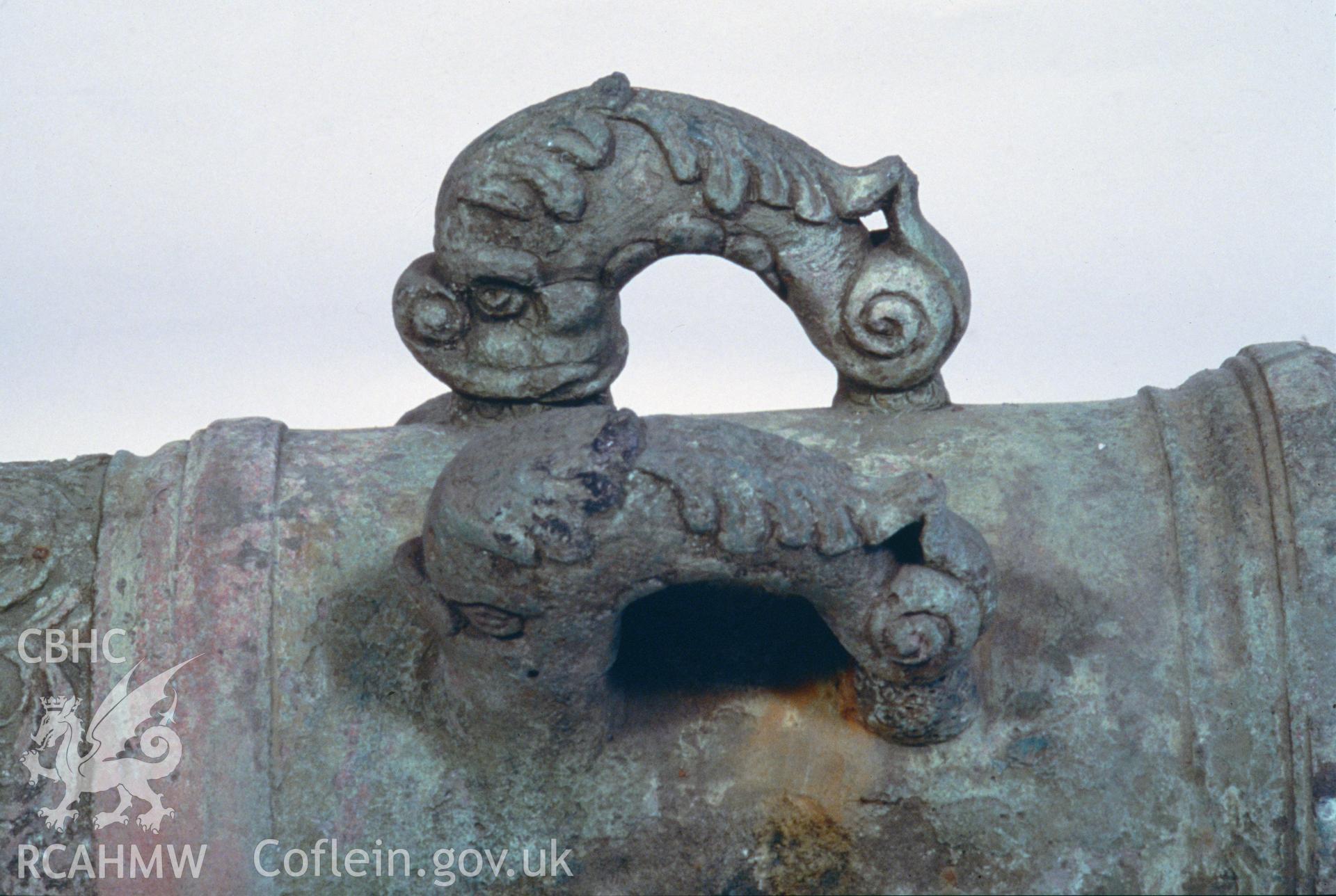 Colour slide showing gun find, well preserved dolphin lifters, from a survey of the Mary designated shipwreck, courtesy of National Museums, Liverpool (Merseyside Maritime Museum)
