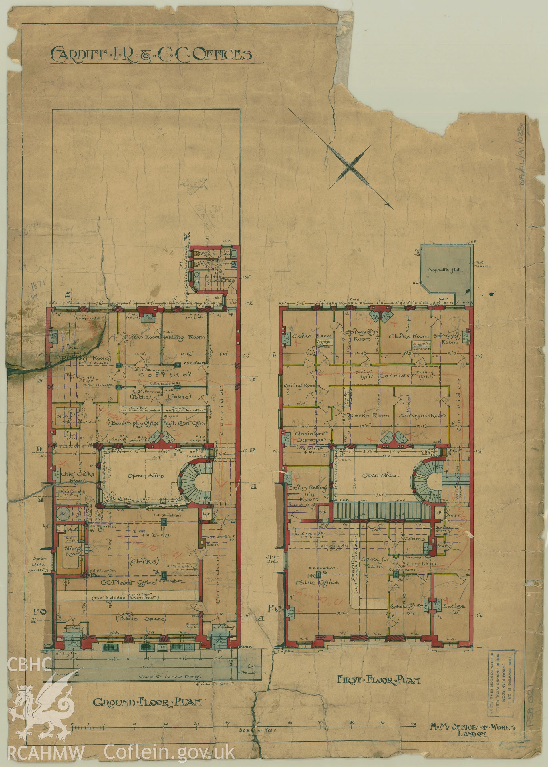 Cardiff Inland Revenue and County Court Offices; measured drawing showing ground and first floor plans, produced by H.M. Office of Works,  undated.
