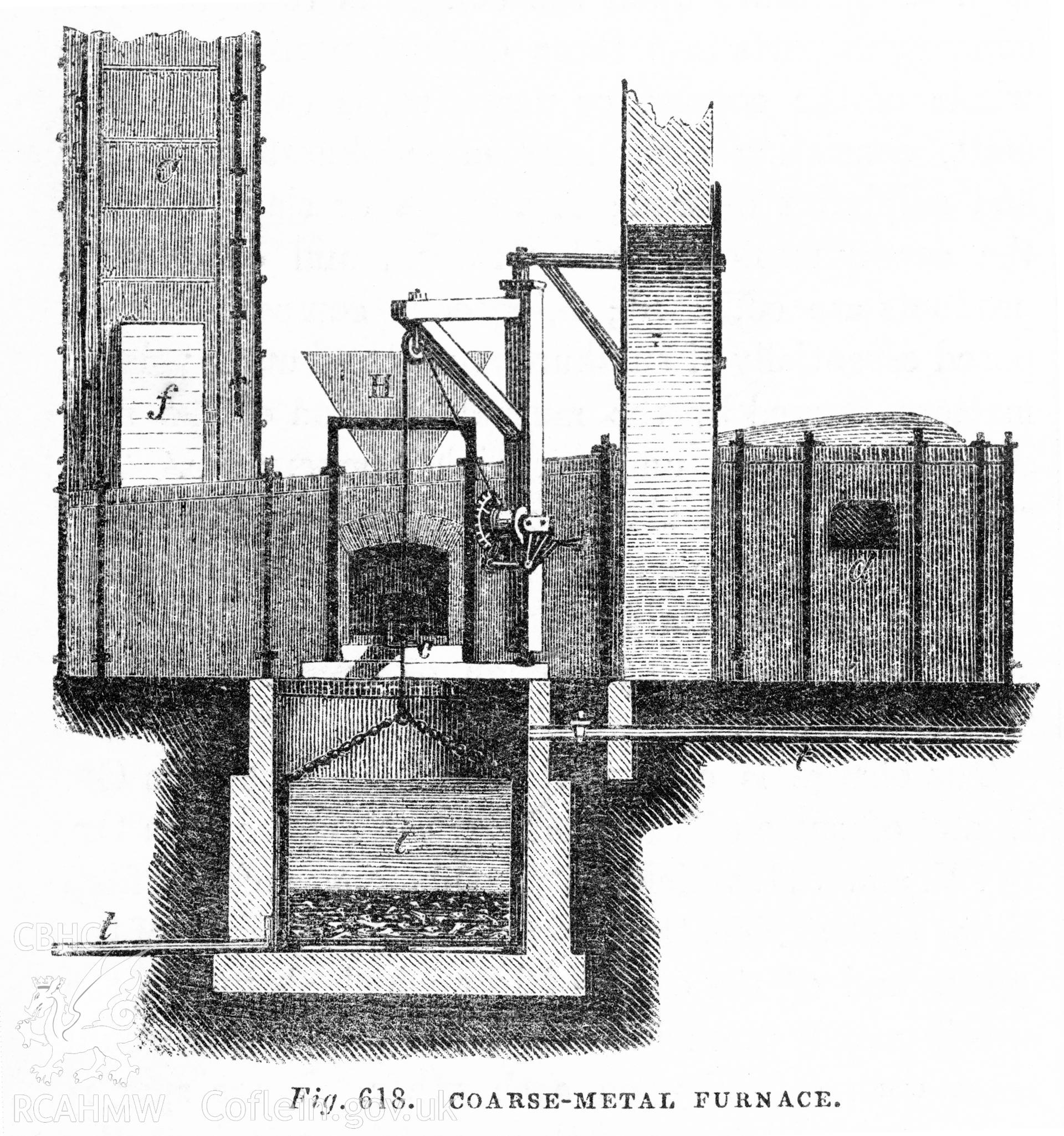 Digitized image of a drawing showing of coarse metal melting furnace, as published fig 618 from Tomlinson's 'Cyclopedia of Useful Arts, Manufacturing, Mining and Engineering' Vol I, 1854.