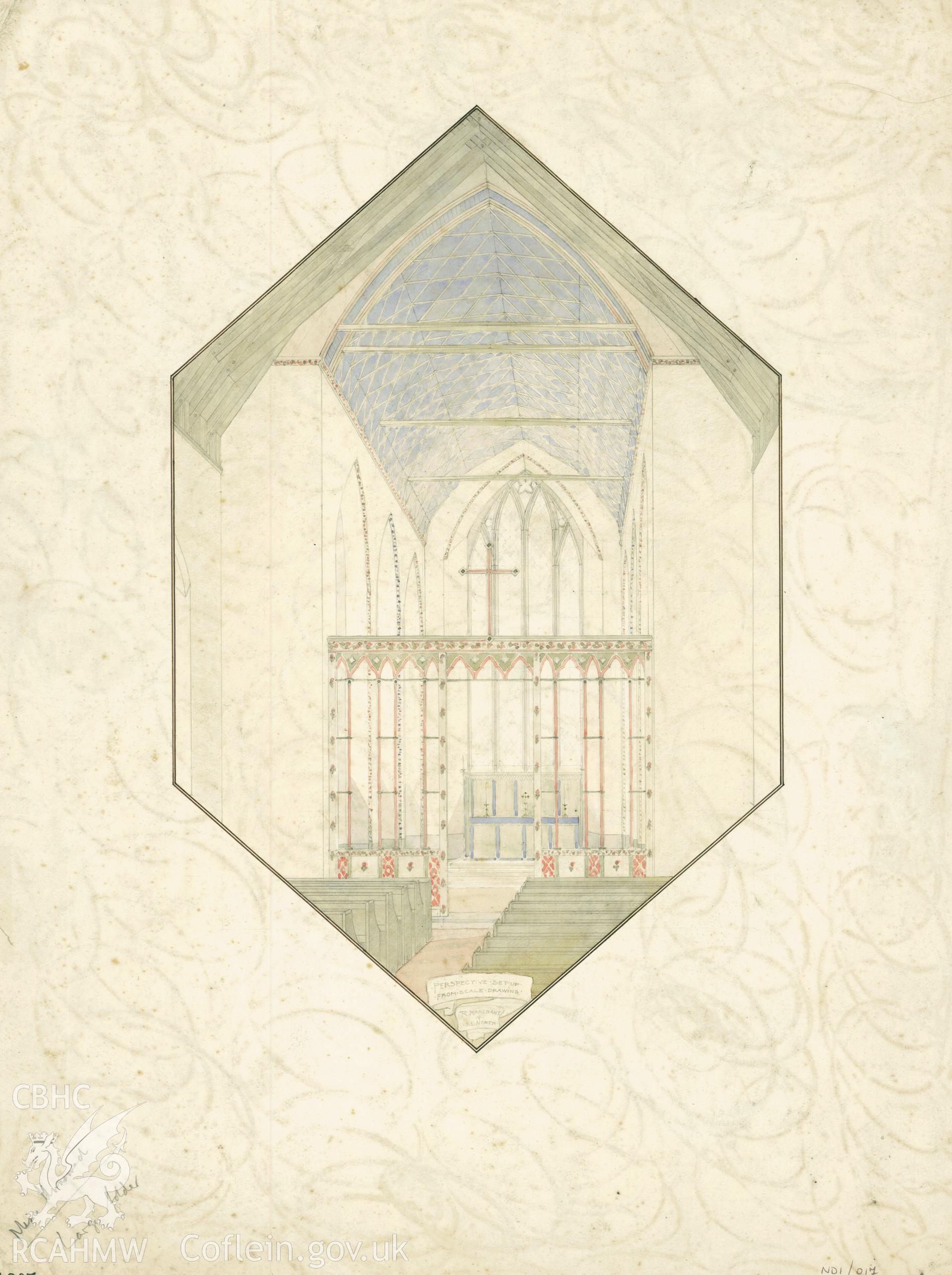Perspective drawing of interior of unidentified church, no scale, pencil with coloured wash on paper.