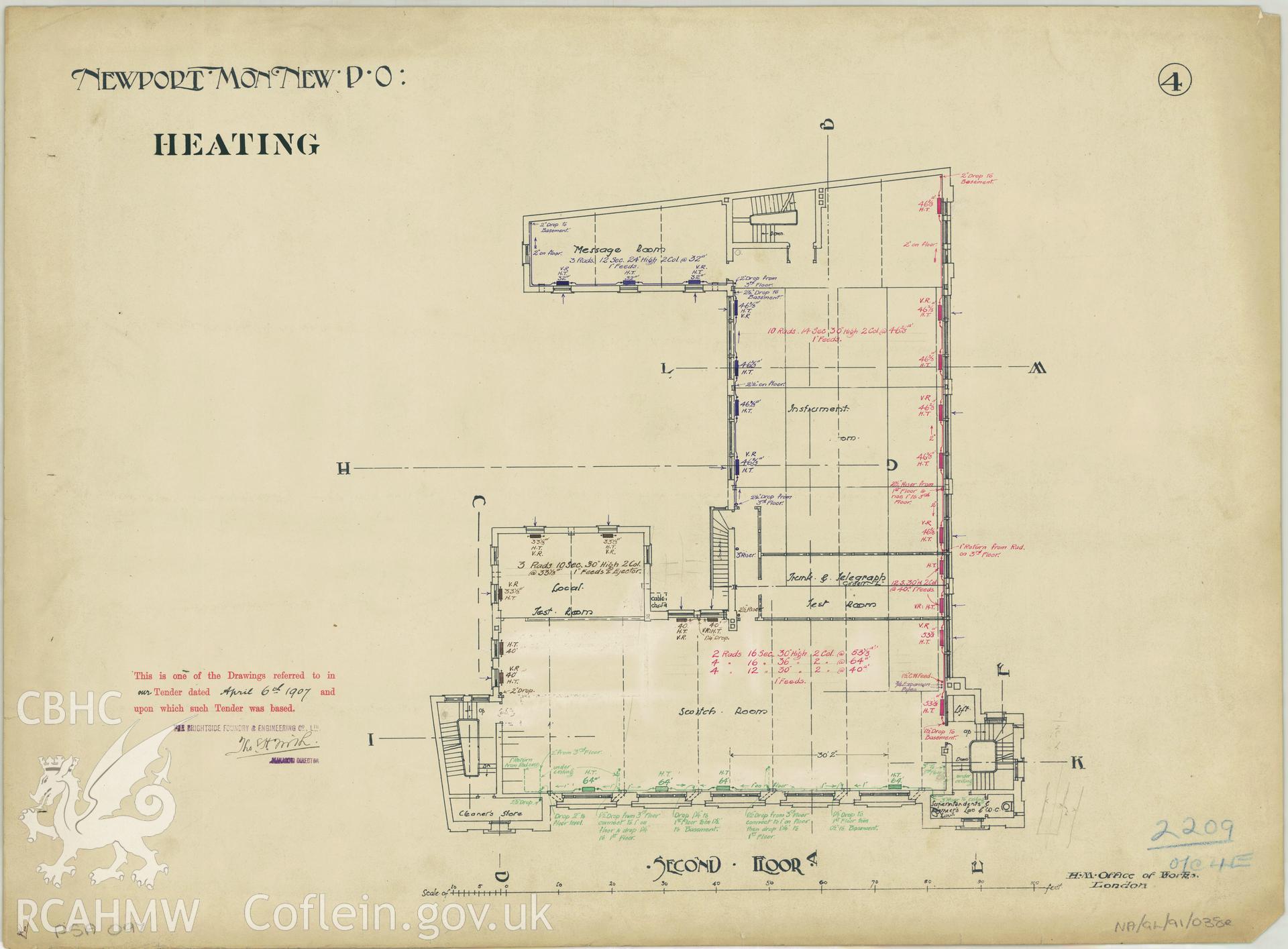 Head Post Office, High Street, Newport;  measured drawing showing heating system detail on second floor plan, produced by H.M. Office of Works, c.1905