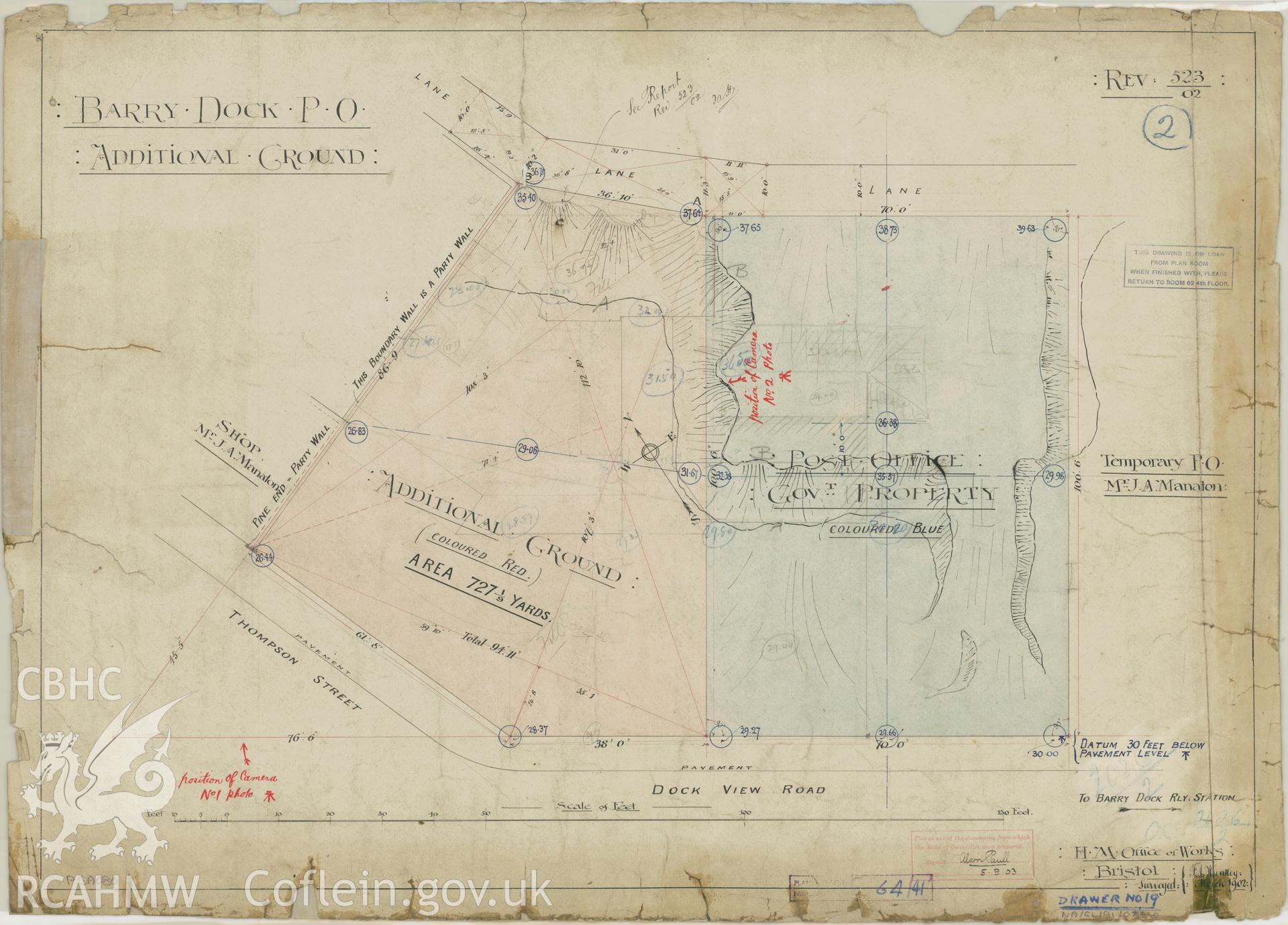 Post Office, Thompson Street, Barry Dock;  measured drawing showing site plan, produced by H.M. Office of Works, c.1903.