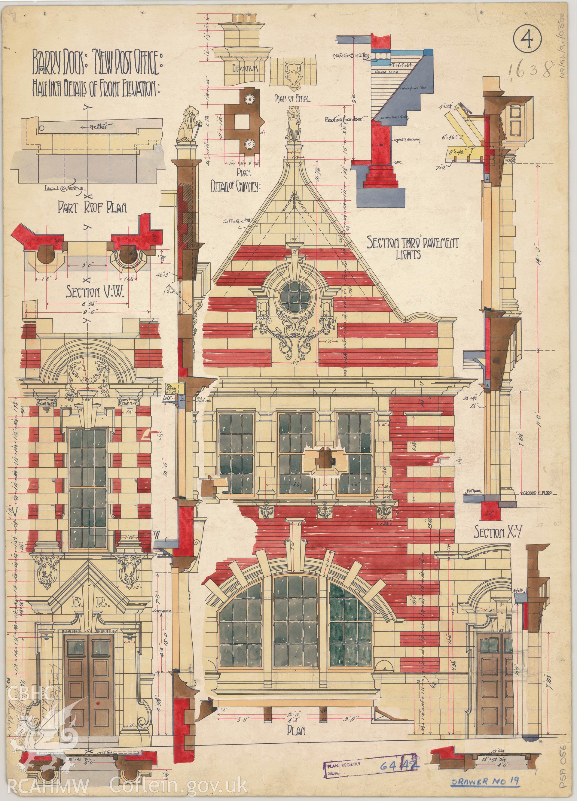 Post Office,Thompson Street, Barry Dock; measured drawing showing detail of front elevation, produced by H.M. Office of Works, undated.