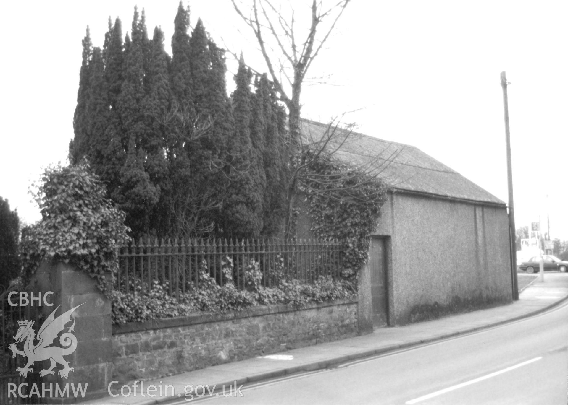 Digital copy of a black and white photograph showing an exterior view of Machpelah Baptist Chapel, Haverfordwest, taken by Robert Scourfield, 1996.