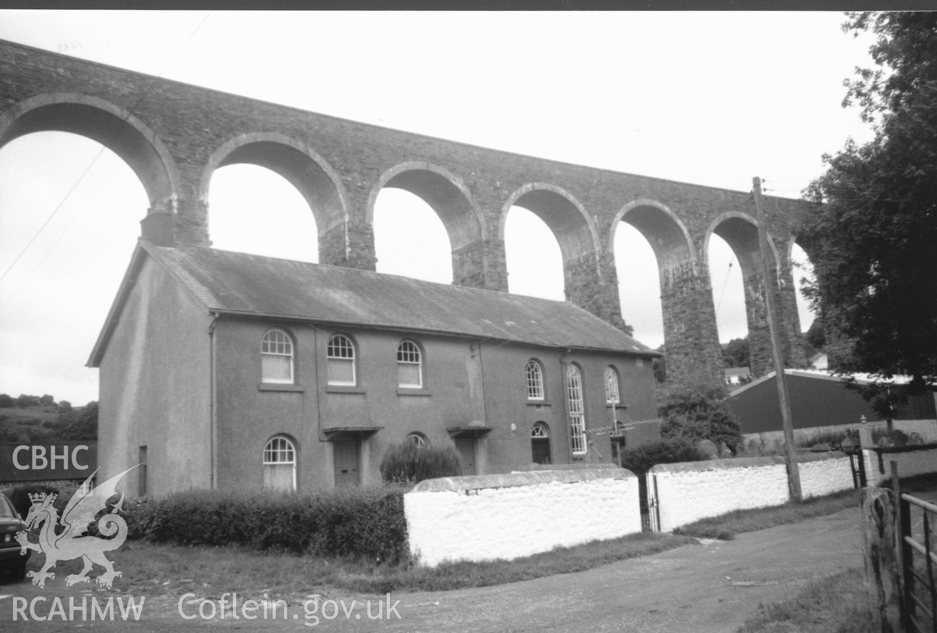 Digital copy of a black and white photograph showing an exterior view of Gosen Calvinistic Methodist Chapel, Cynghordy, taken by Robert Scourfield, c.1996.