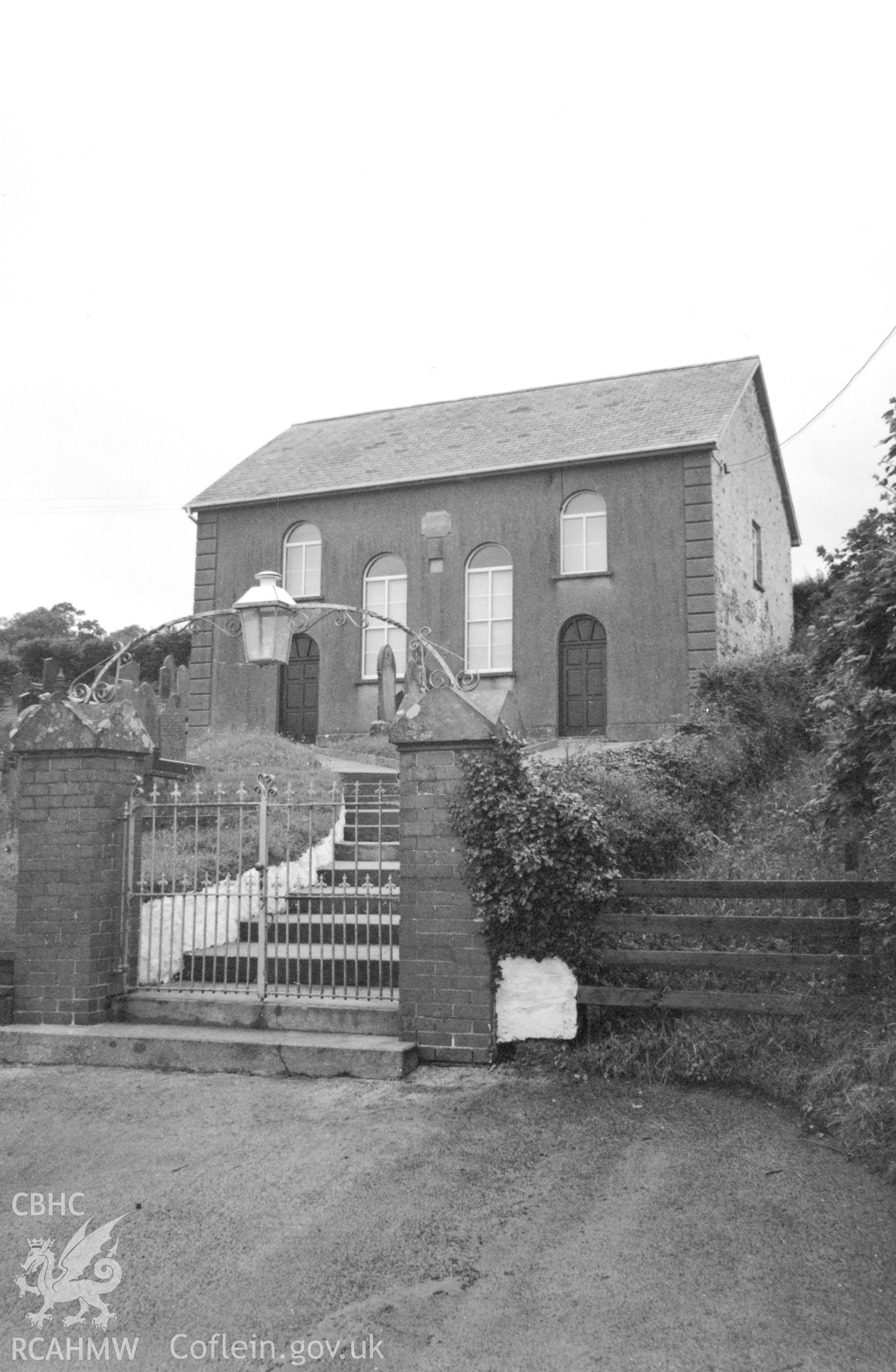 Digital copy of a black and white photograph showing an exterior view of Ffynnon Bedr Welsh Independent Chapel, Tynewydd, taken by Robert Scourfield, c.1996.