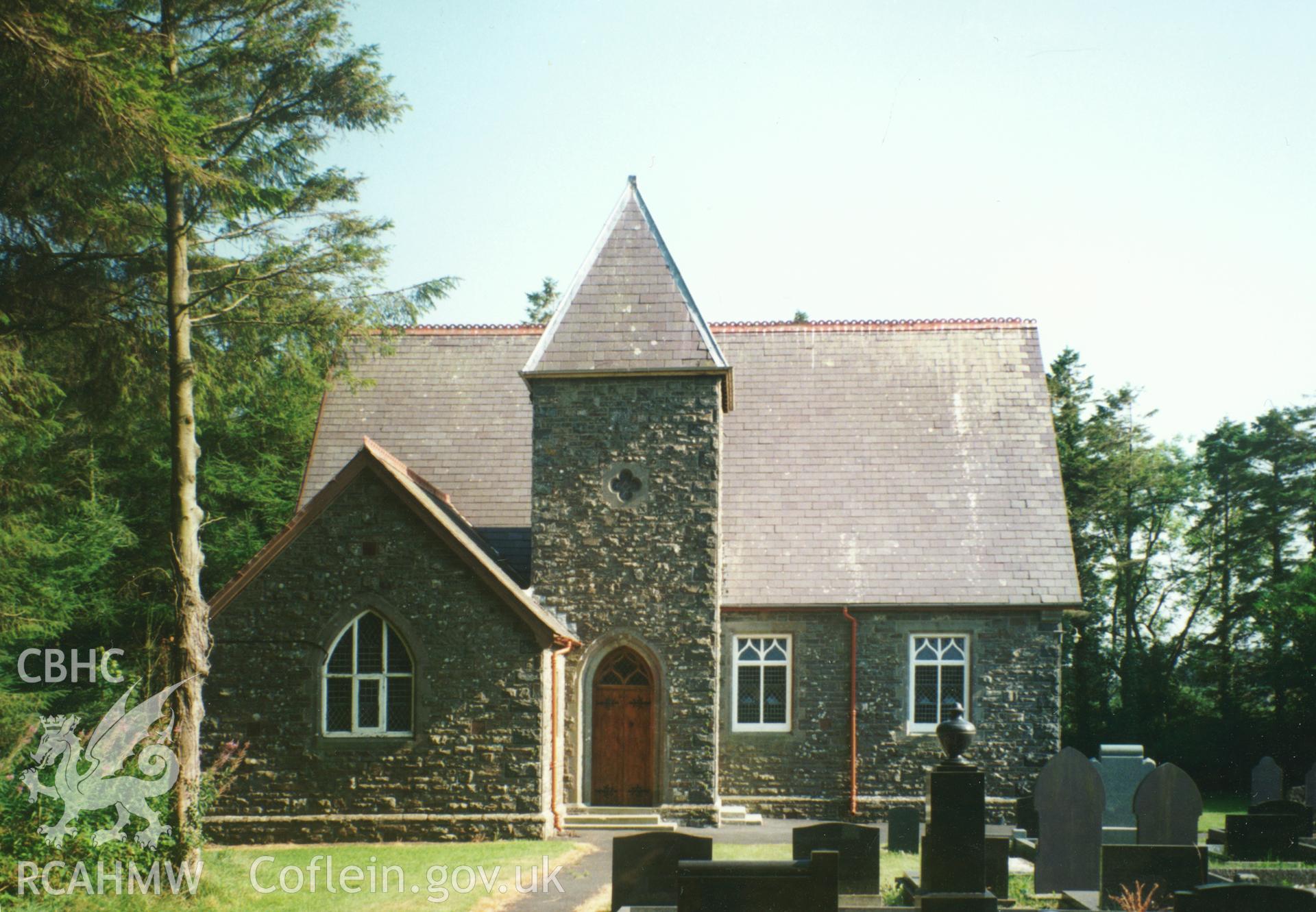 Digital copy of a colour photograph showing an exterior view of Bwlchyfadfa Unitarian Chapel, taken by Robert Scourfield, c.1996.
