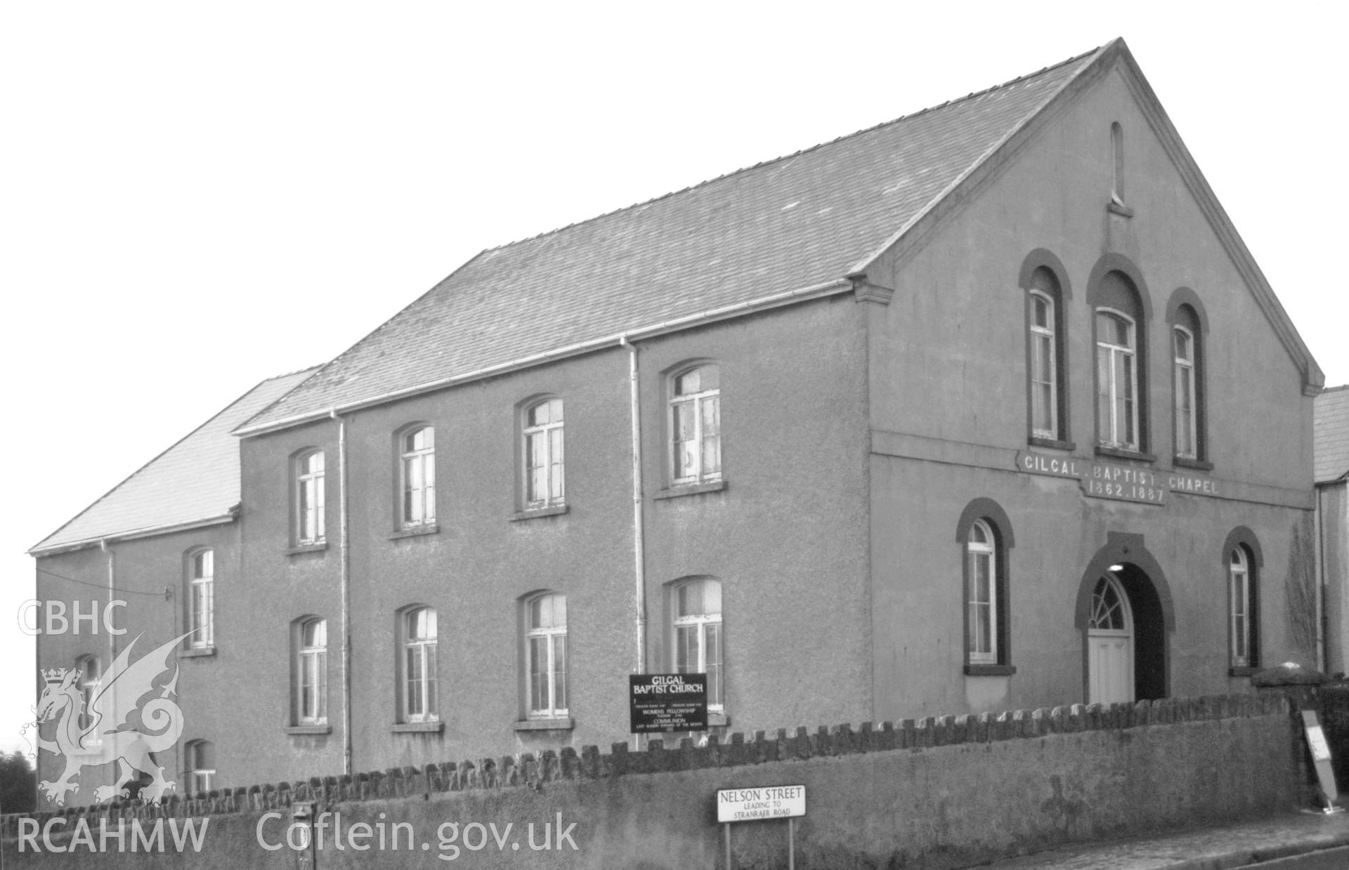 Digital copy of a black and white photograph showing an exterior view of Gilgal English Baptist Chapel,  Pembroke Dock, taken by Robert Scourfield, c.1996.
