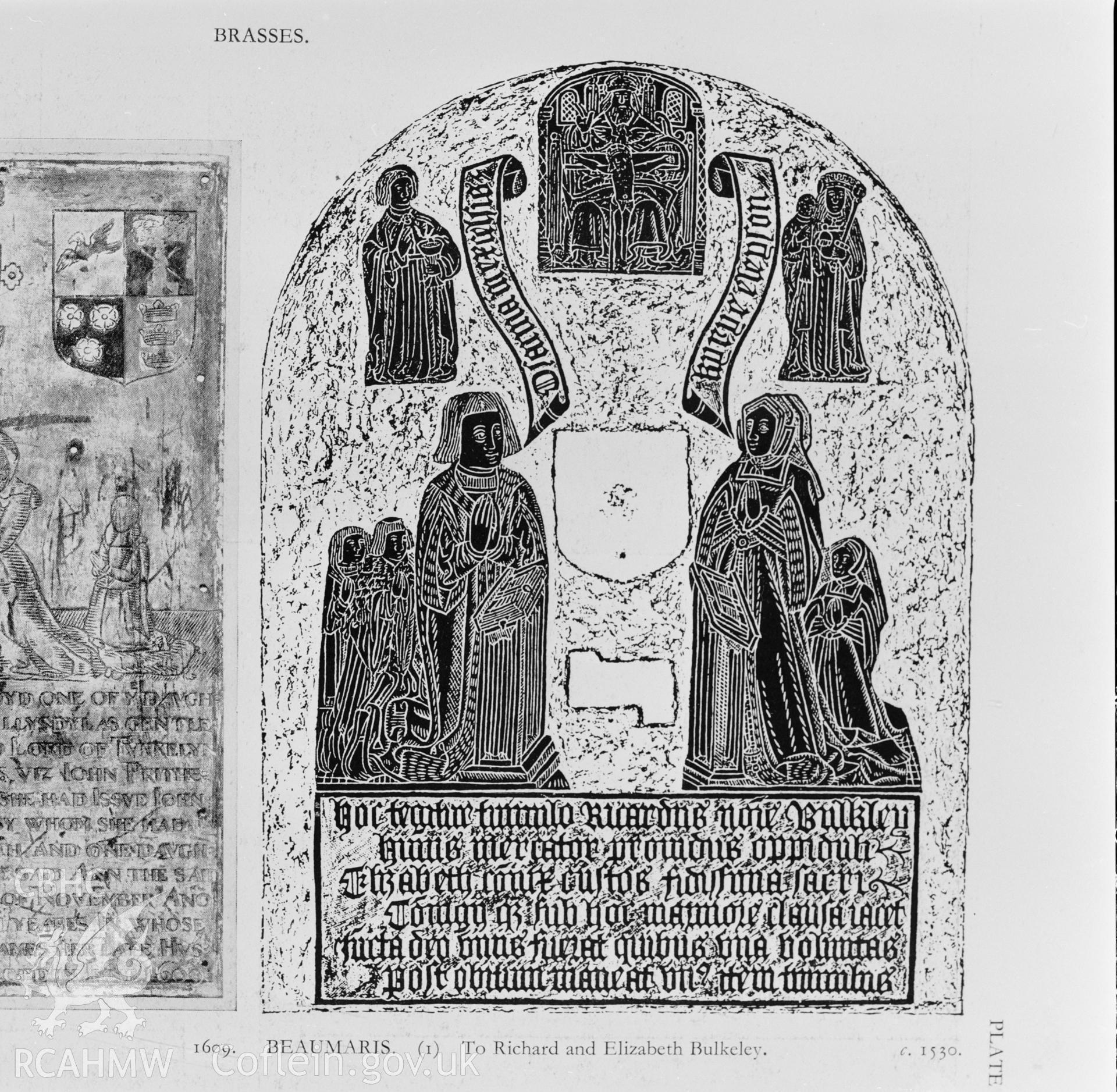 Photographic print of a drawing of the brass to Richard Bulkeley and his wife at SS Mary and Nicholas' Church, Beaumaris. Copy negative held.
