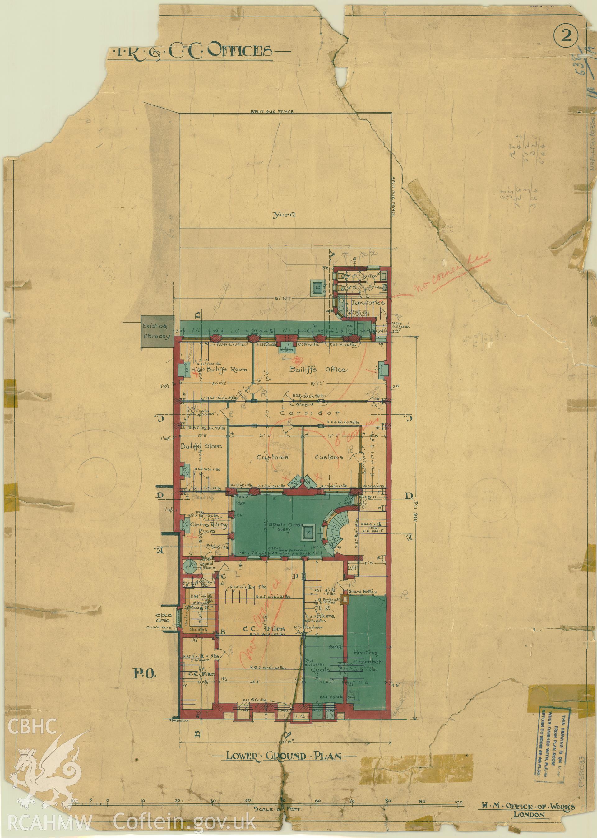 Cardiff Inland Revenue and County Court Offices; measured drawing showing lower ground floor plan, produced by H.M. Office of Works,  undated.