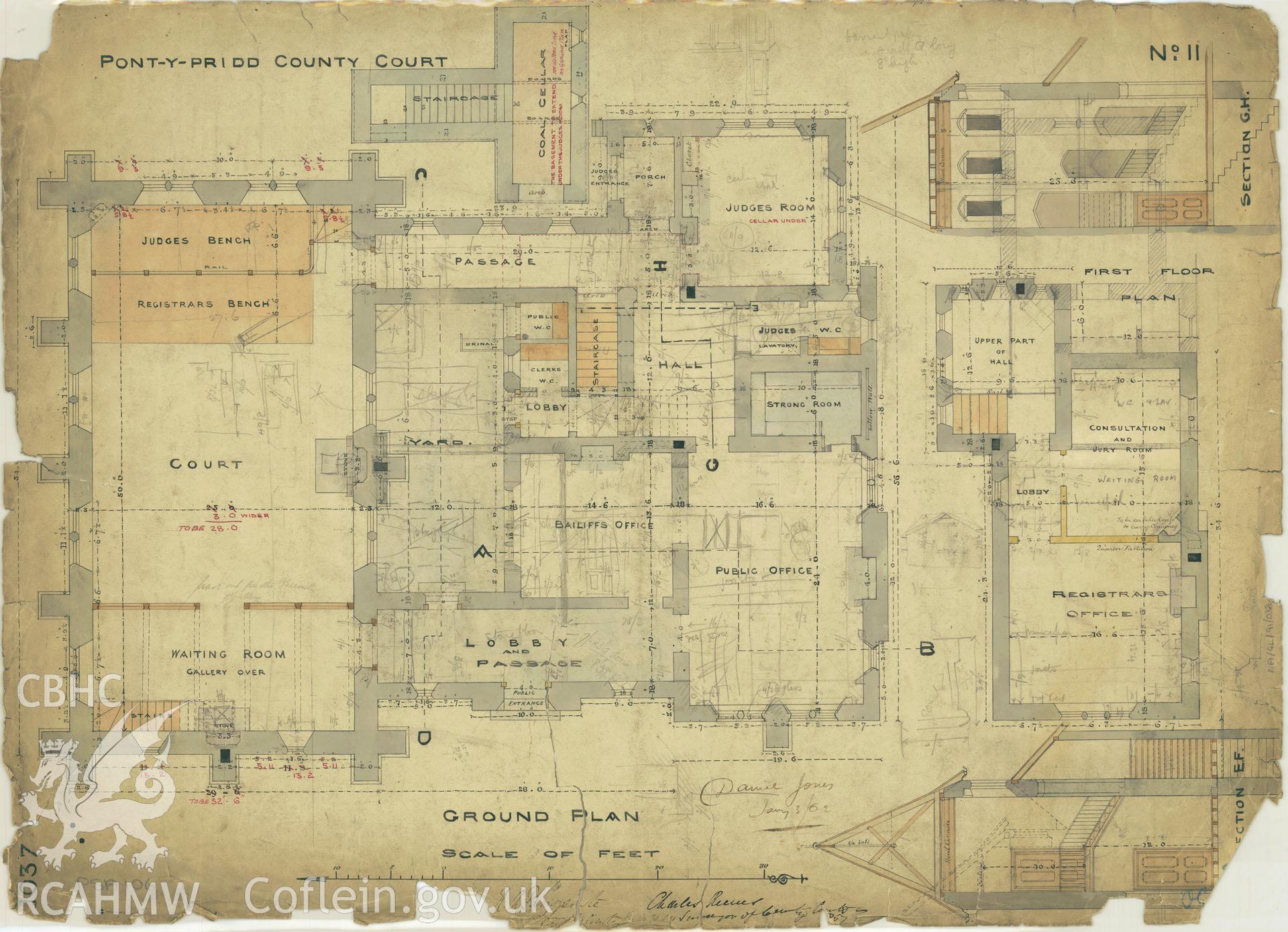 Court House, Pontypridd;  measured drawing showing ground plan and section views, produced by Charles Reeves for H.M. Office of Works, 1857.