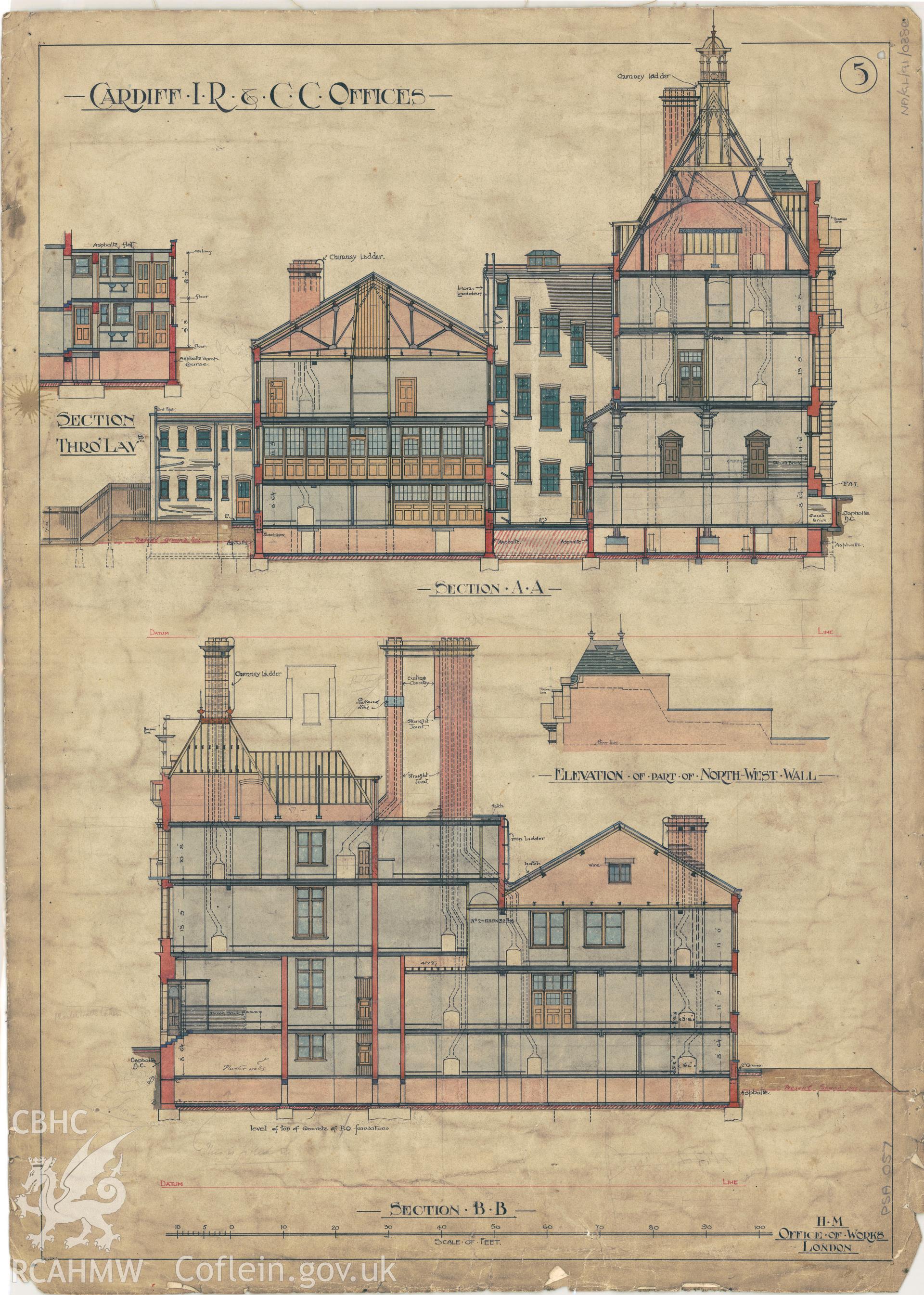Cardiff Inland Revenue and County Court Offices; measured drawing showing section views, produced by H.M. Office of Works,  undated.