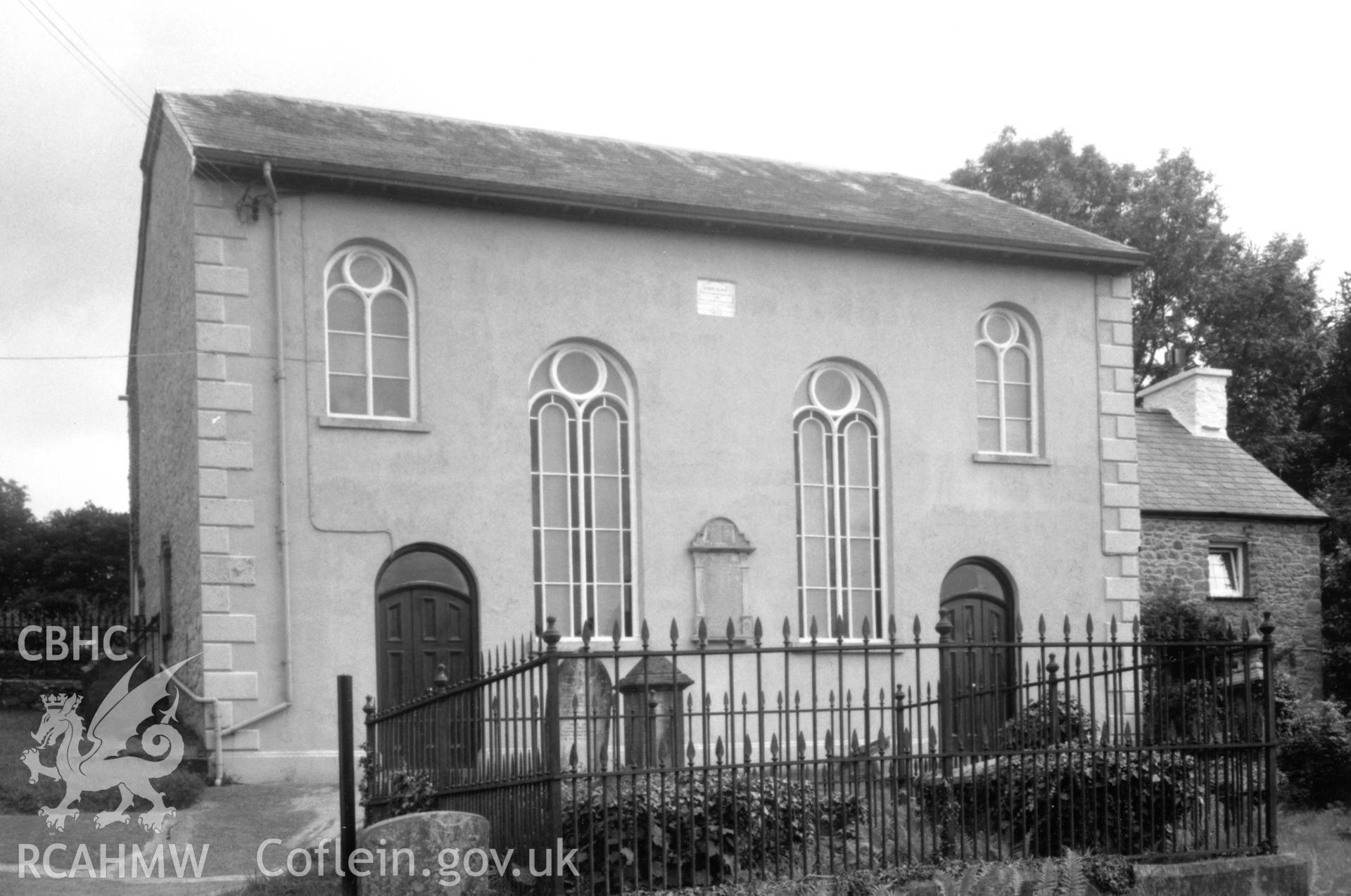 Digital copy of a black and white photograph showing an exterior view of Pentre Ty Gwyn Welsh Independent Chapel, taken by Robert Scourfield, c.1996.