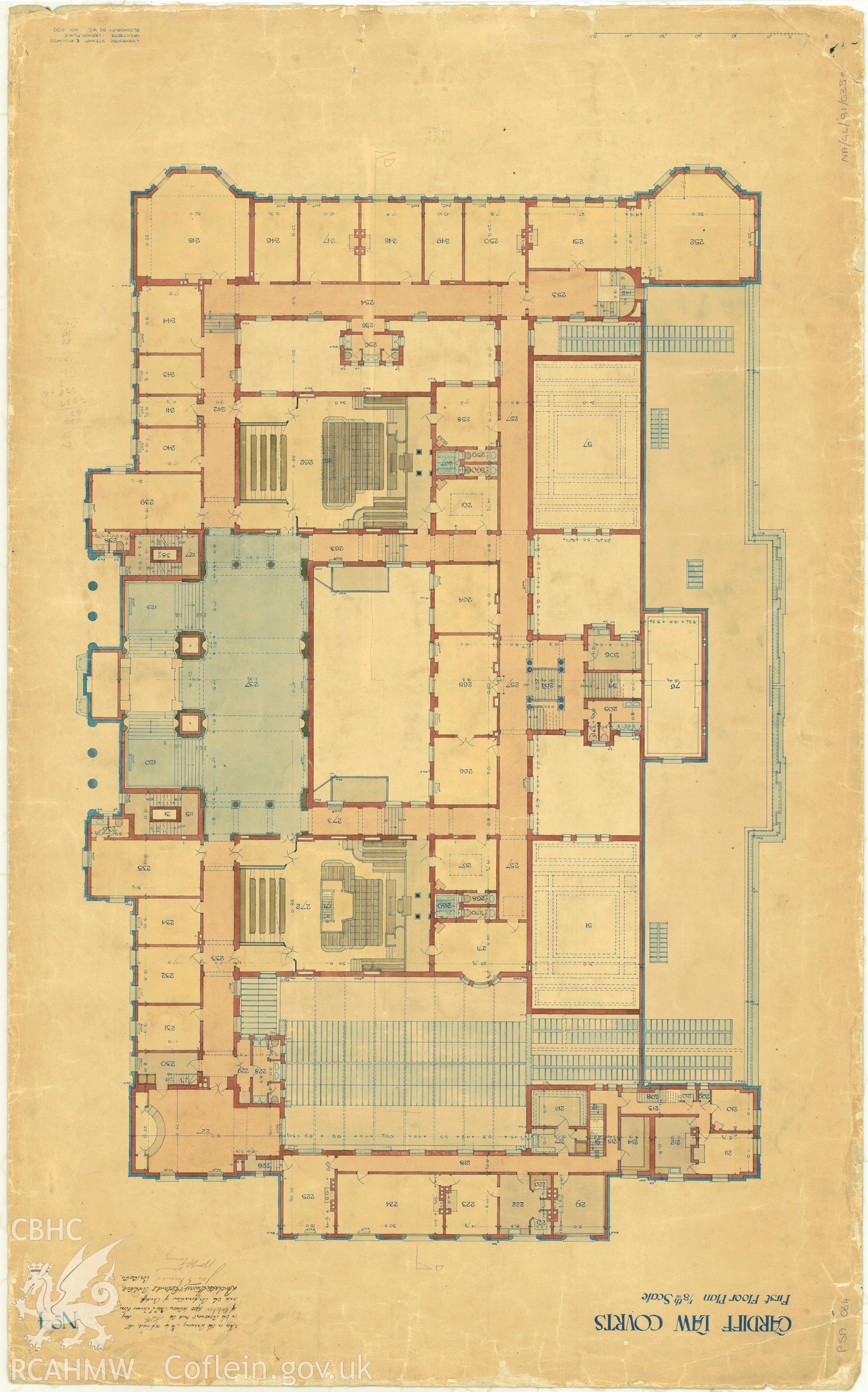 Law Court, Cathays Park, Cardiff; measured drawing showing first floor plan, produced by Lanchester Stewart and Rickards, 1899.