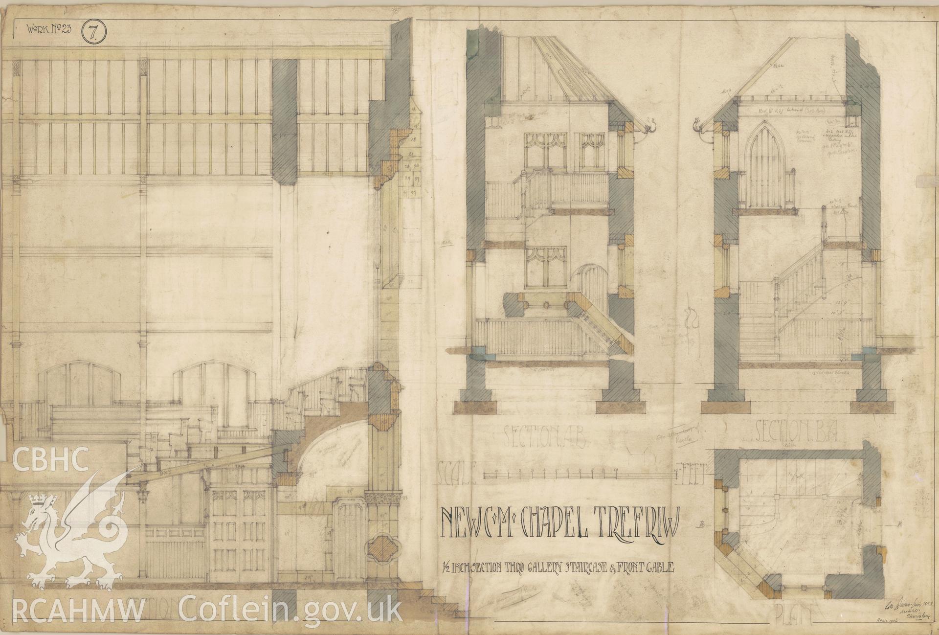 Digitized copy of a 1906 coloured drawing showing section through the gallery staircase and front gable at Peniel Chapel, Trefriw produced by G. Dickens-Lewis, architect of Shrewsbury.
