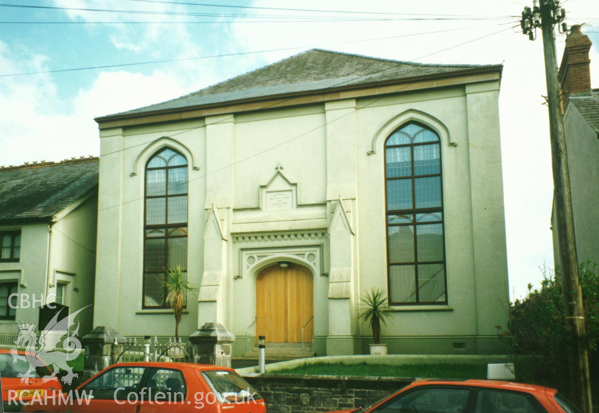 Digital copy of a colour photograph showing an exterior view of the Tabernacle Welsh Baptist Church, Carmarthen, taken by Robert Scourfield, c.1996.