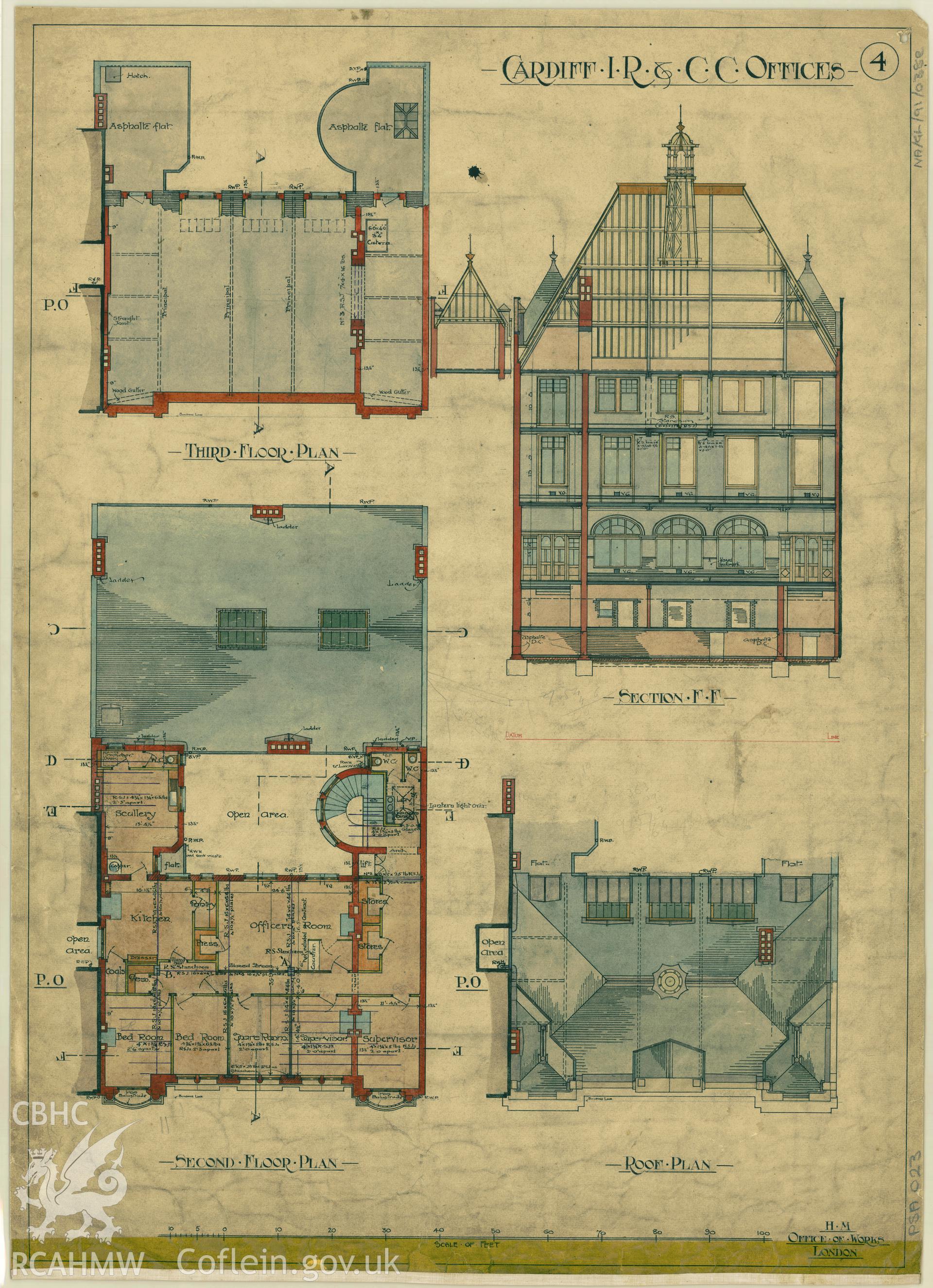 Cardiff Inland Revenue and County Court Offices; measured drawing showing second floor plan, third floor plan, roof plan and section view, produced by H.M. Office of Works,  undated.