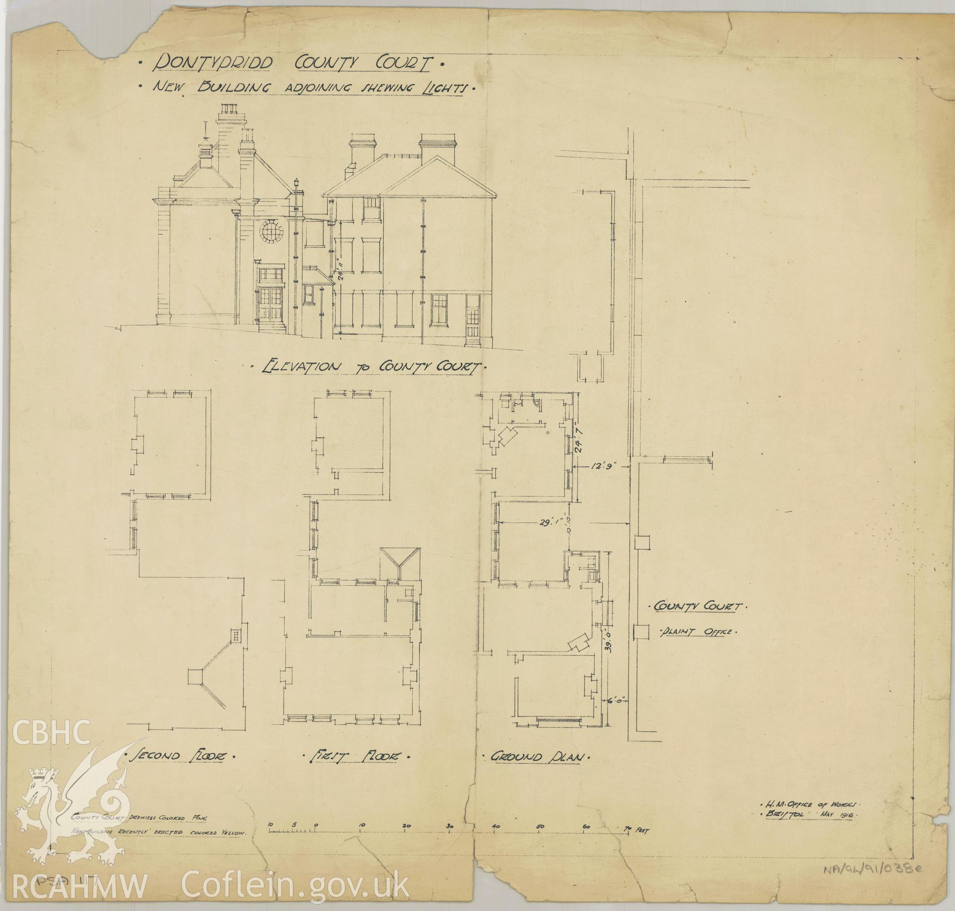 Court House, Pontypridd;  measured drawing showing plans of proposed annexe, produced by H.M. Office of Works, 1916.