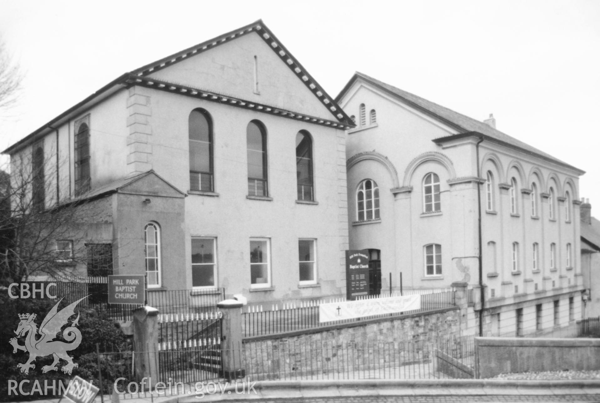 Digital copy of a black and white photograph showing an exterior view of Hill Park Baptist Chapel, Haverfordwest, taken by Robert Scourfield, c.1996.