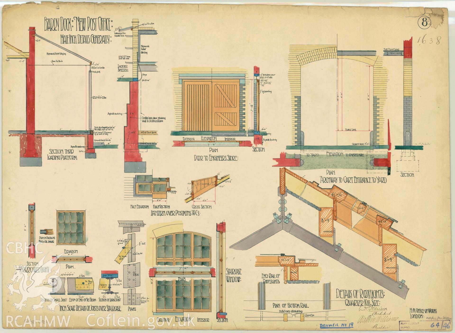 Post Office, Thompson Street, Barry Dock;  measured drawing showing general detail, produced by H.M. Office of Works, undated.