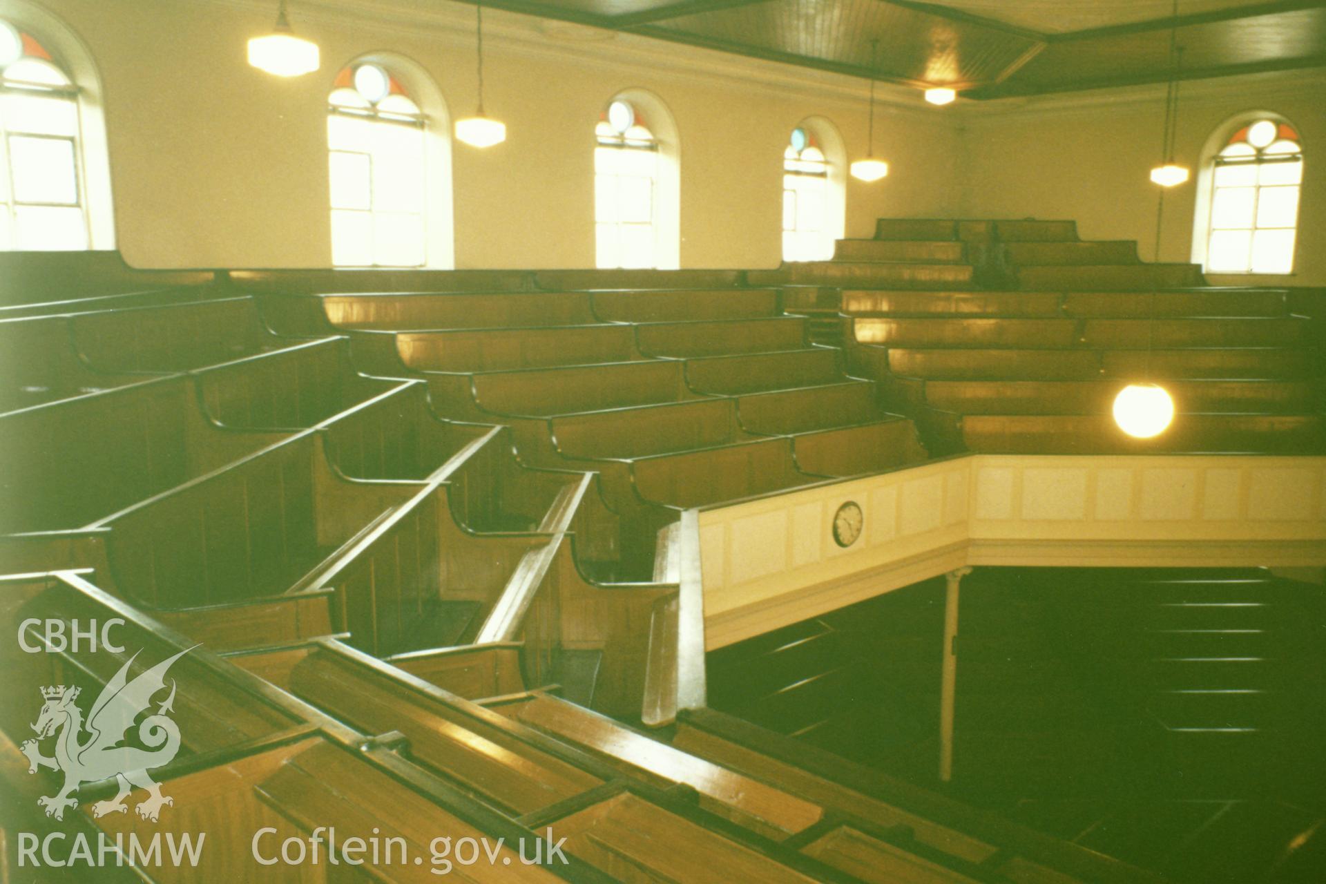 Digital copy of a colour photograph showing an interior view of Capel Heol y Dwr, Carmarthen, taken by Robert Scourfield, undated.