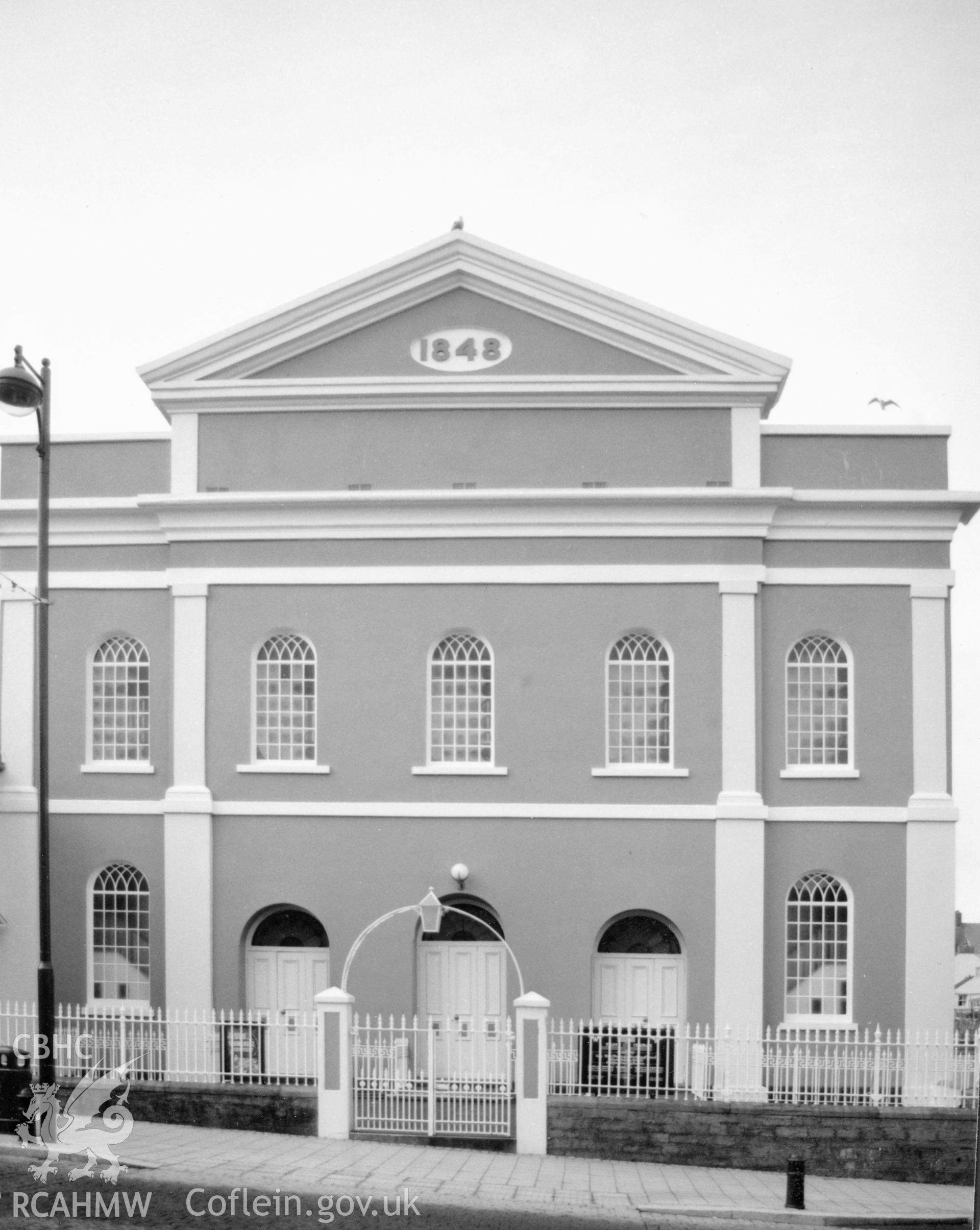 Digital copy of a black and white photograph showing an exterior view of Zion Wesleyan Methodist Chapel,  Pembroke Dock, taken by Robert Scourfield, c.1996.