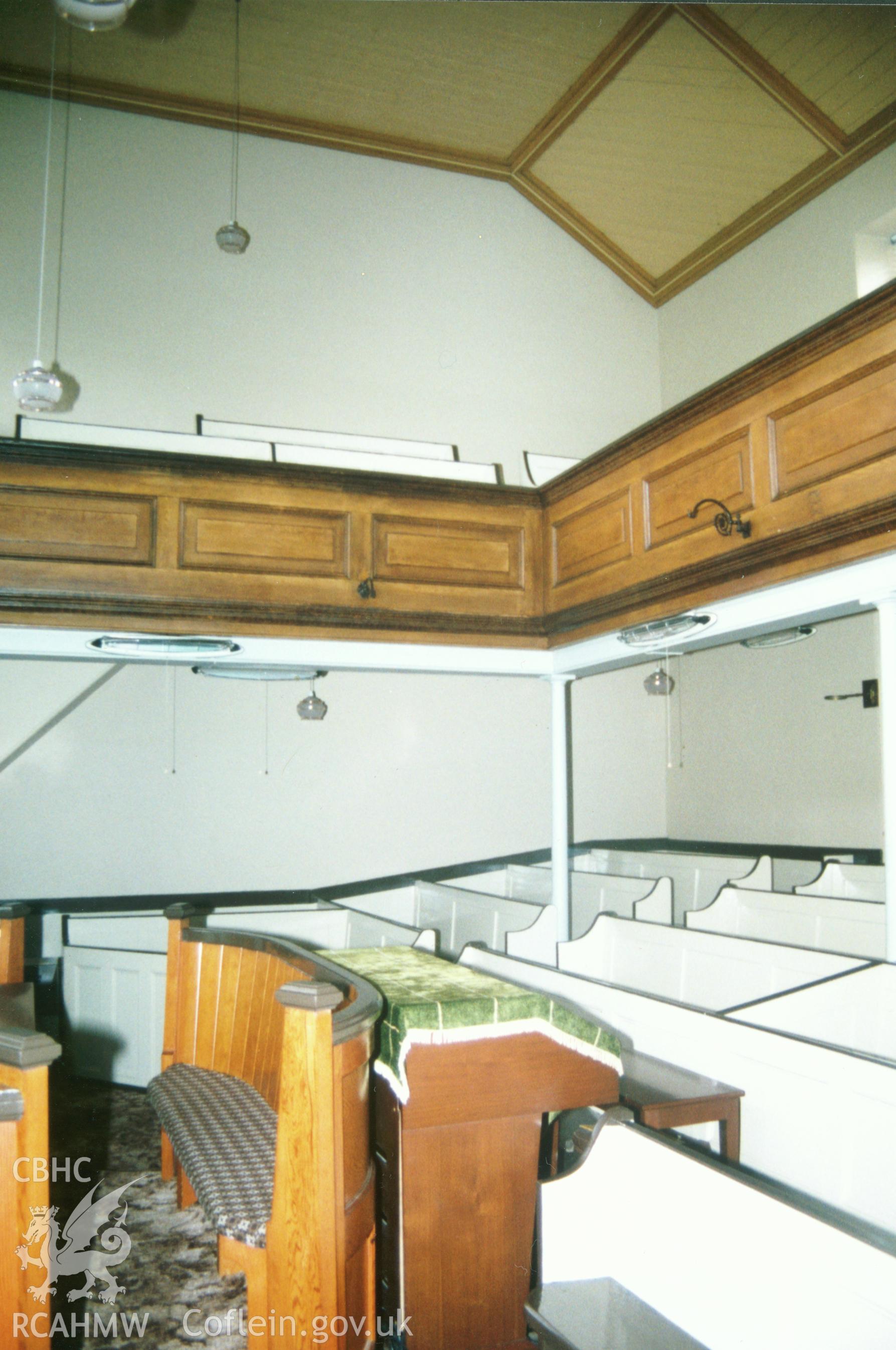 Digital copy of a colour photograph showing an interior view of Nanternis Welsh Independent Chapel, taken by Robert Scourfield, c.1996.