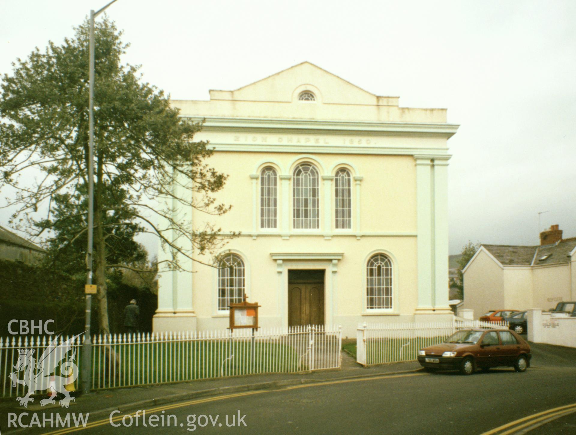 Digital copy of a colour photograph showing an exterior view of Zion English Presbyterian Chapel, Carmarthen, taken by Robert Scourfield, undated.