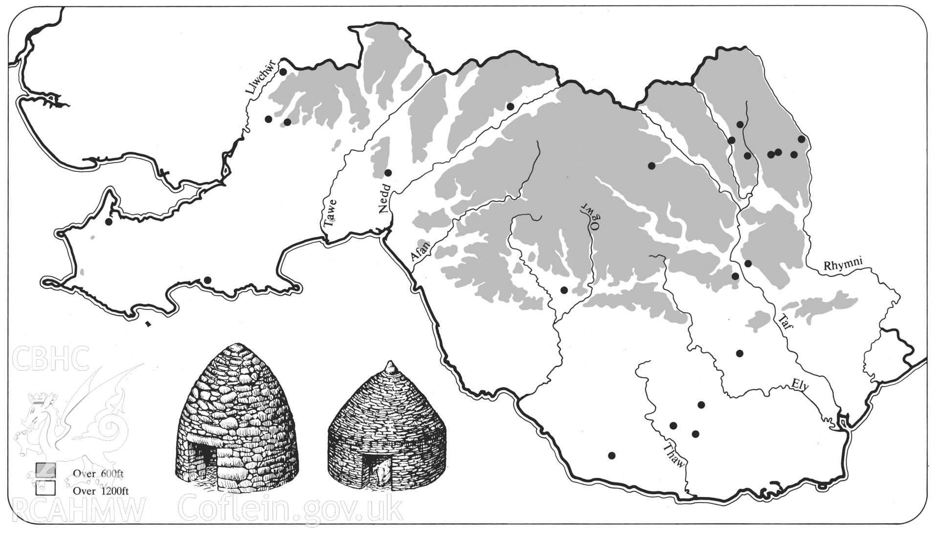 Digital image of distribution map showing corbelled pigsties in Glamorgan as published in RCAHMW Inventory : Glamorgan Volume IV: Domestic Architecture from the Reformation to the Industrial Revolution. Part II Farmhouses and Cottages, date of publication 1988.