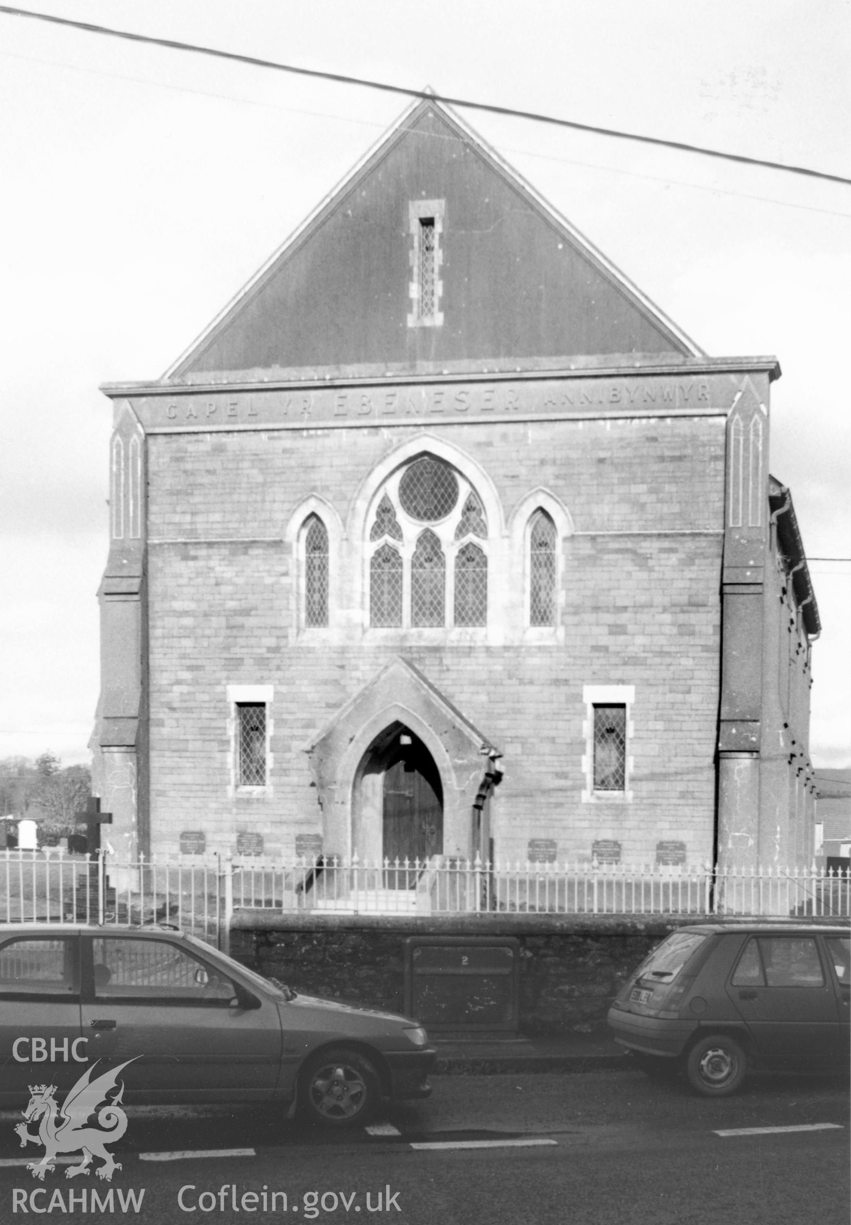Digital copy of a black and white photograph showing an exterior view of Ebenezer Welsh Independent Chapel, Abergwili, taken by Robert Scourfield, 1996.