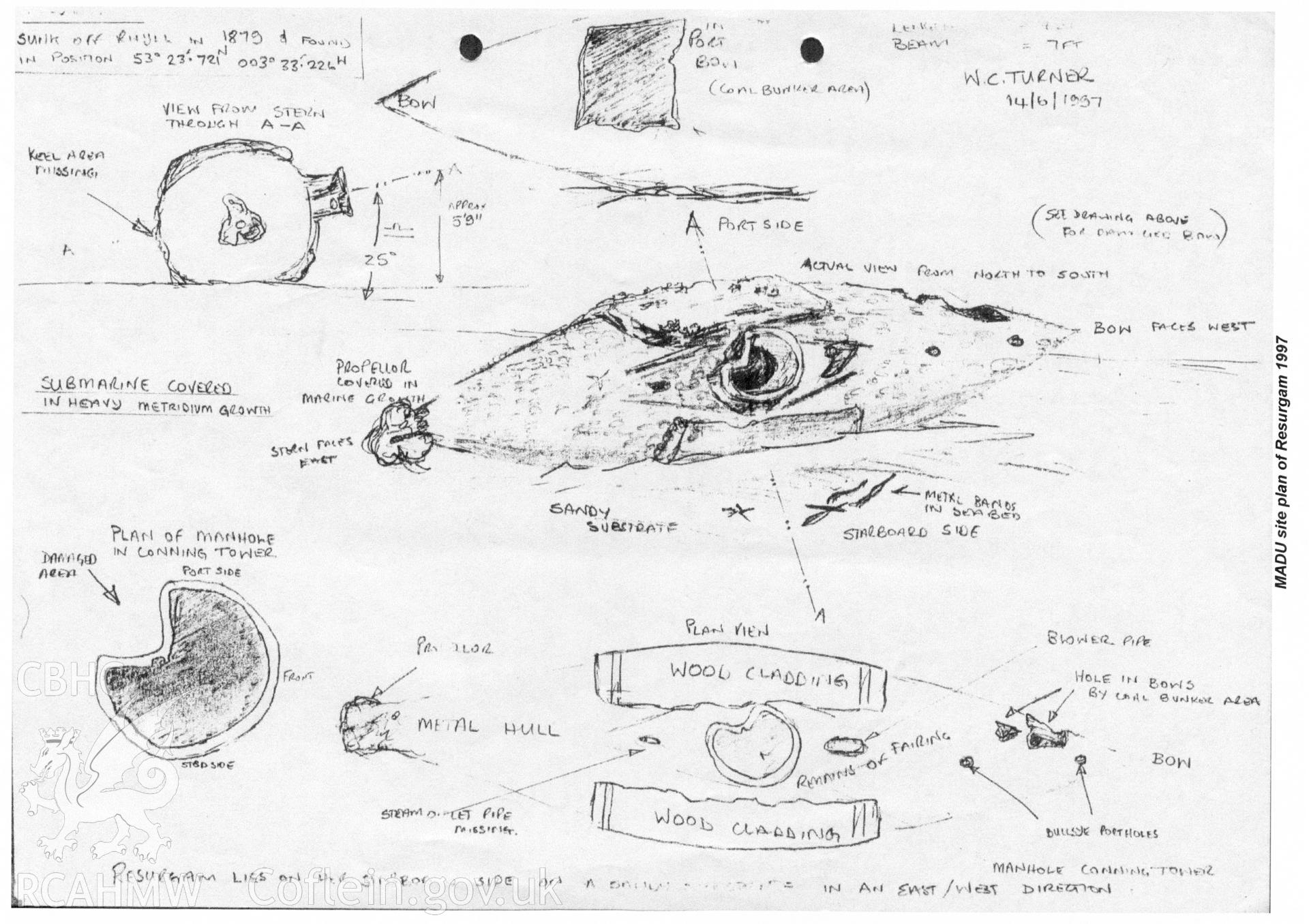 Digitized copy of an Illustration showing a sketch plan of the Resurgam on the seabed drawn from observation by W C Turner, Malvern Archaeological Diving, in 1937.