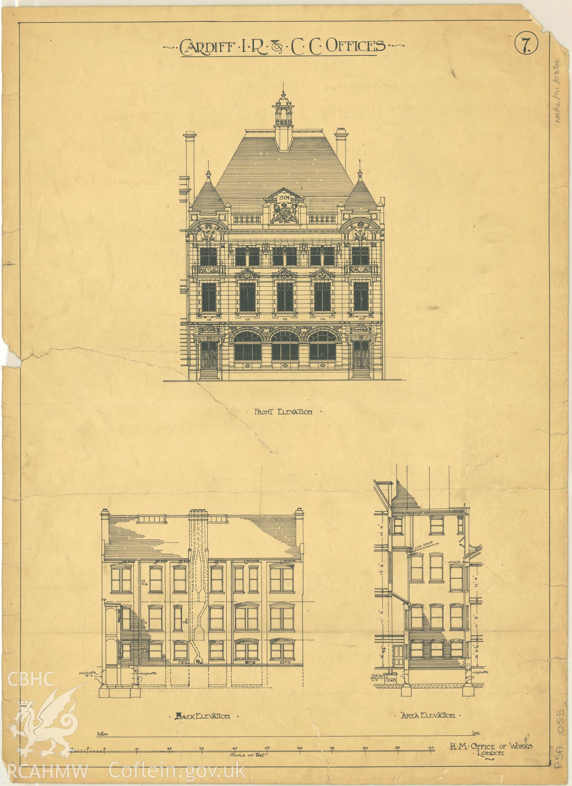 Cardiff Inland Revenue and County Court Offices; measured drawing showing elevation views, produced by H.M. Office of Works,  undated.