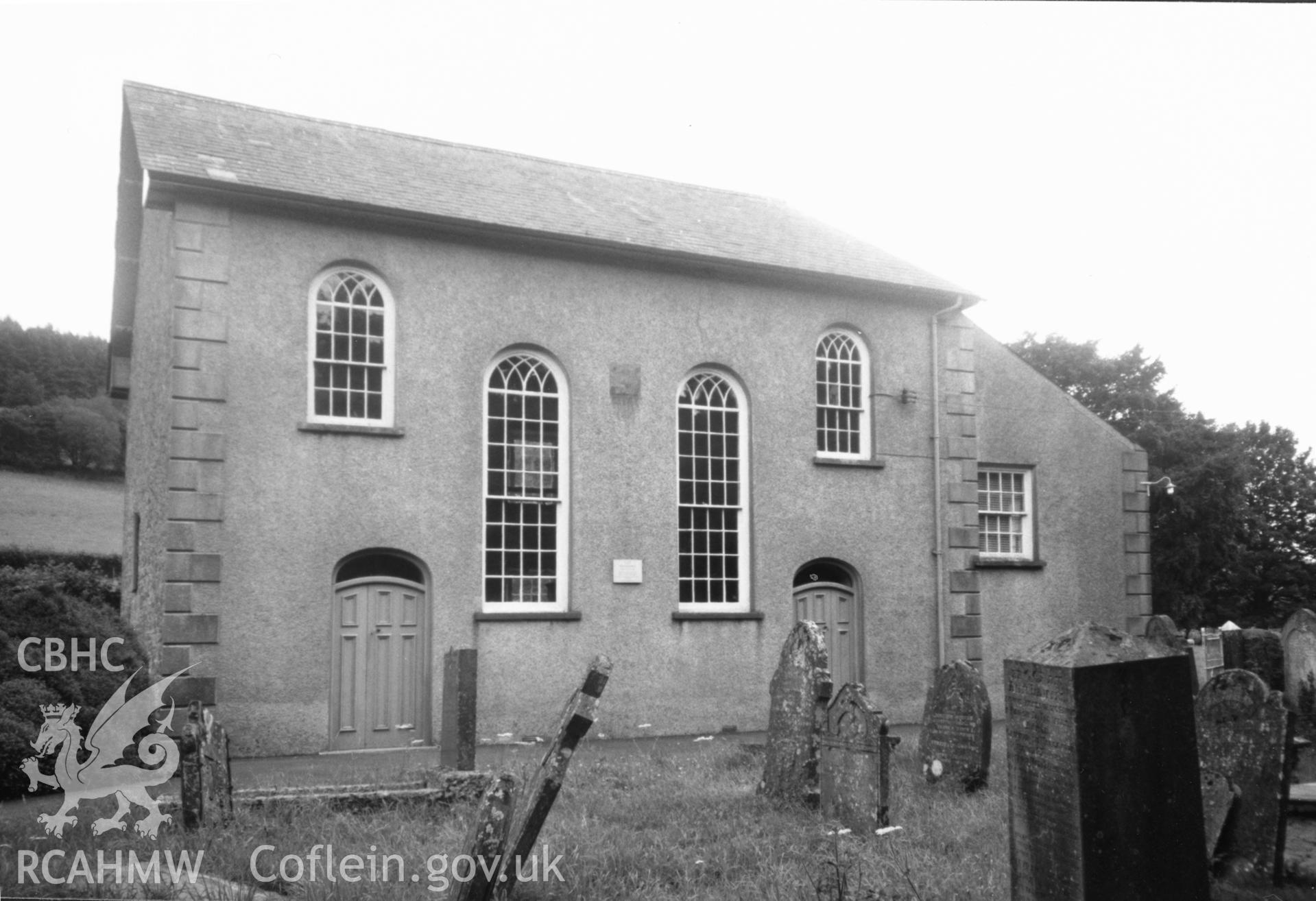 Digital copy of a black and white photograph showing an exterior view of Cefnarthen Welsh Independent Chapel, taken by Robert Scourfield, c.1996.