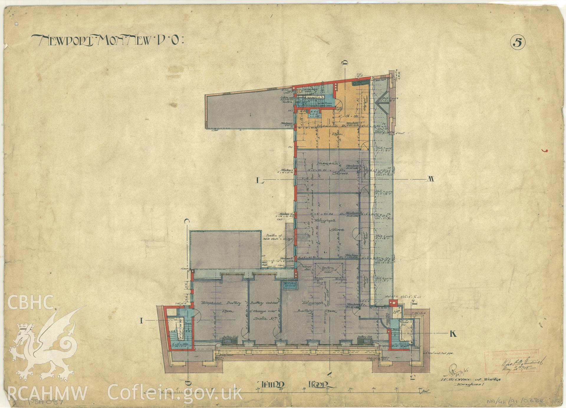 Head Post Office, High Street, Newport;  measured drawing showing third floor plan produced by H.M. Office of Works, c.1905